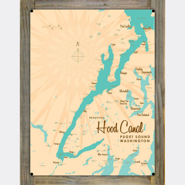 Hood Canal Washington, Wood-Mounted Metal Sign Map Art