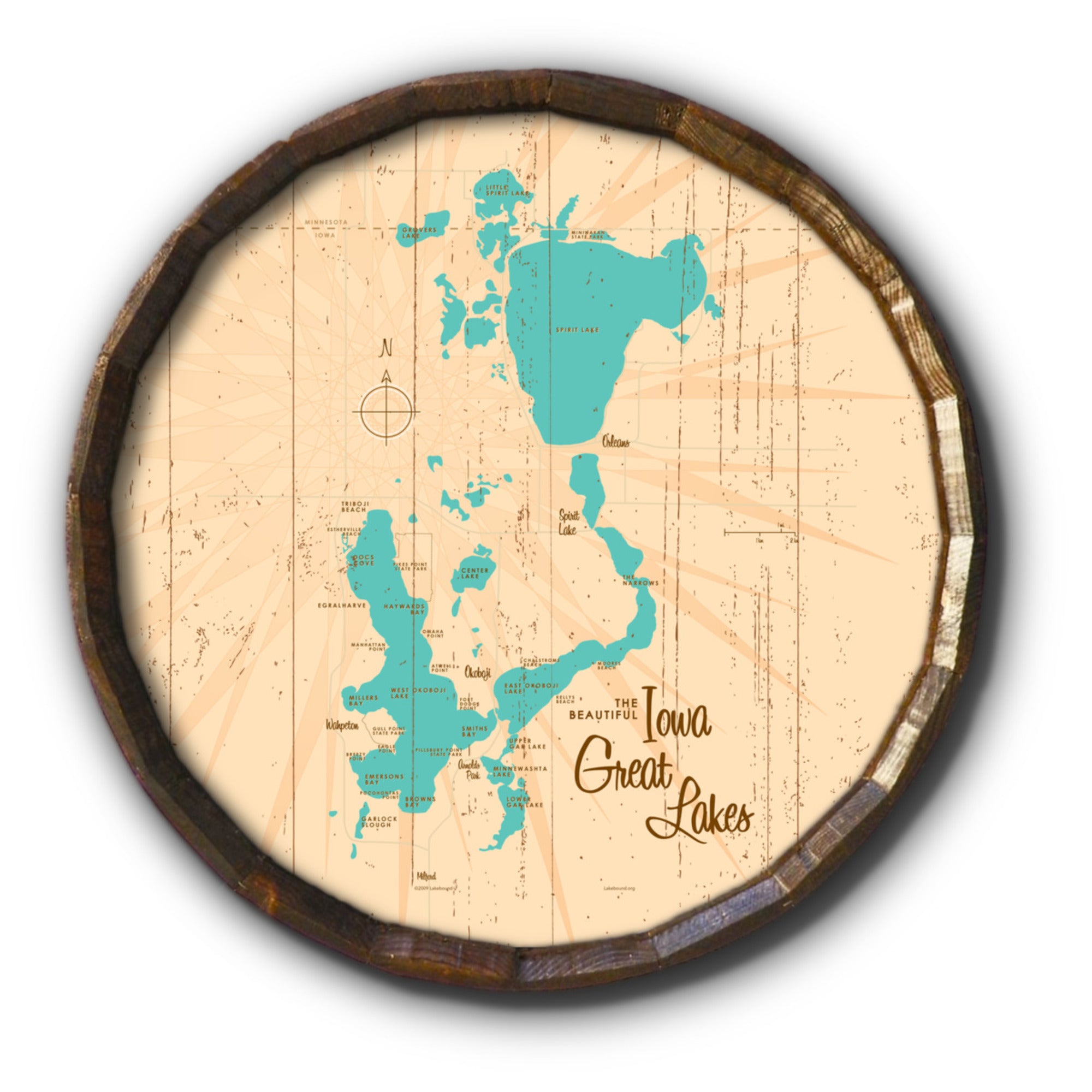 Iowa Great Lakes, Rustic Barrel End Map Art