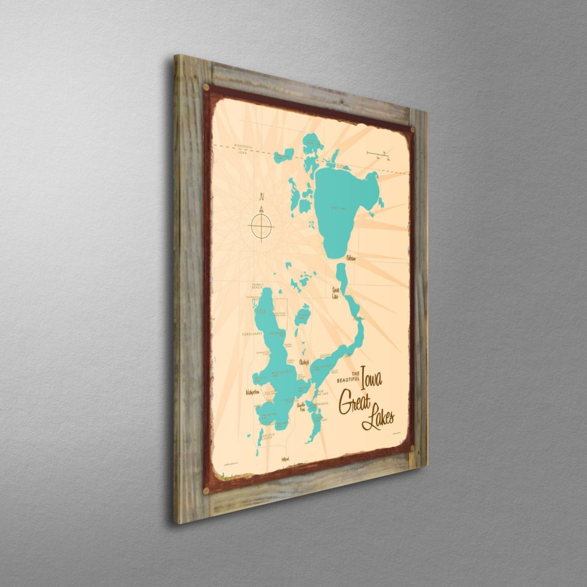 Iowa Great Lakes, Wood-Mounted Rustic Metal Sign Map Art