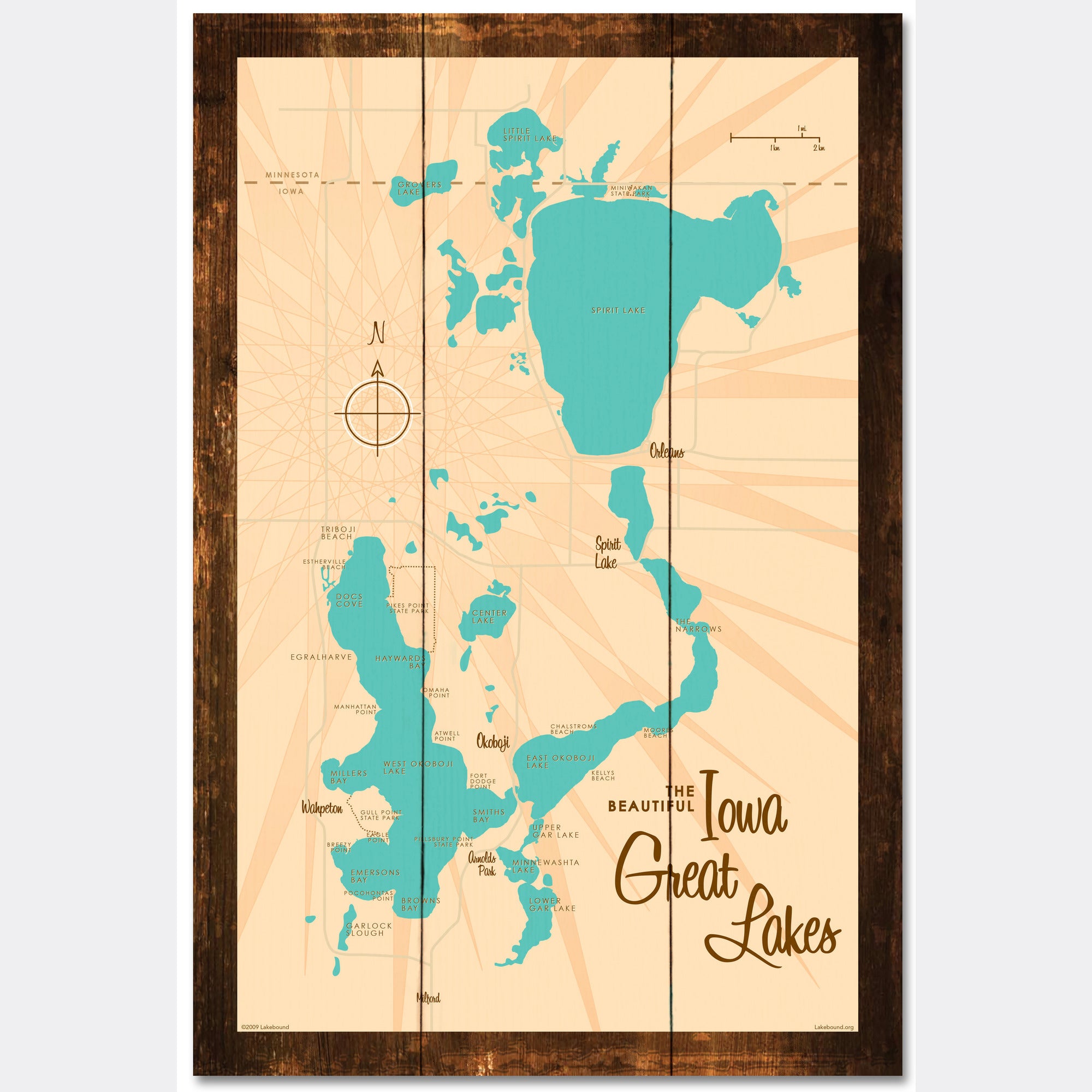 Iowa Great Lakes, Rustic Wood Sign Map Art