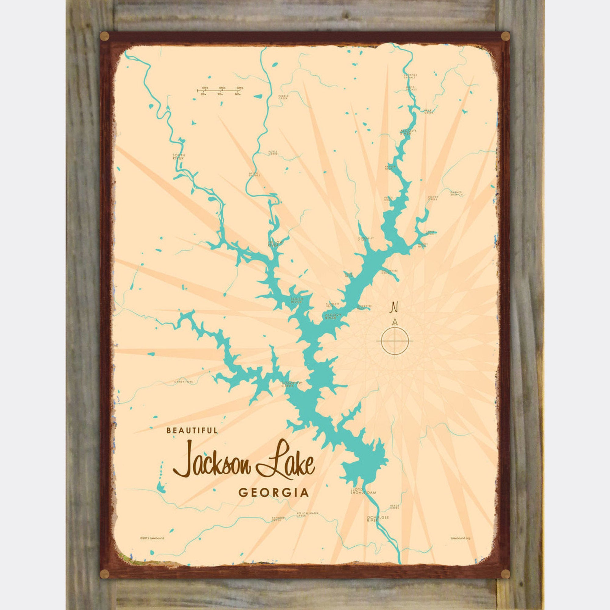 Jackson Lake Georgia, Wood-Mounted Rustic Metal Sign Map Art