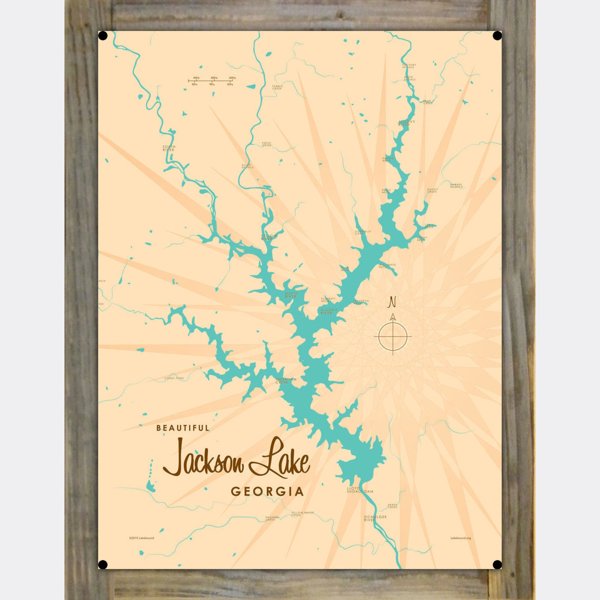 Jackson Lake Georgia, Wood-Mounted Metal Sign Map Art
