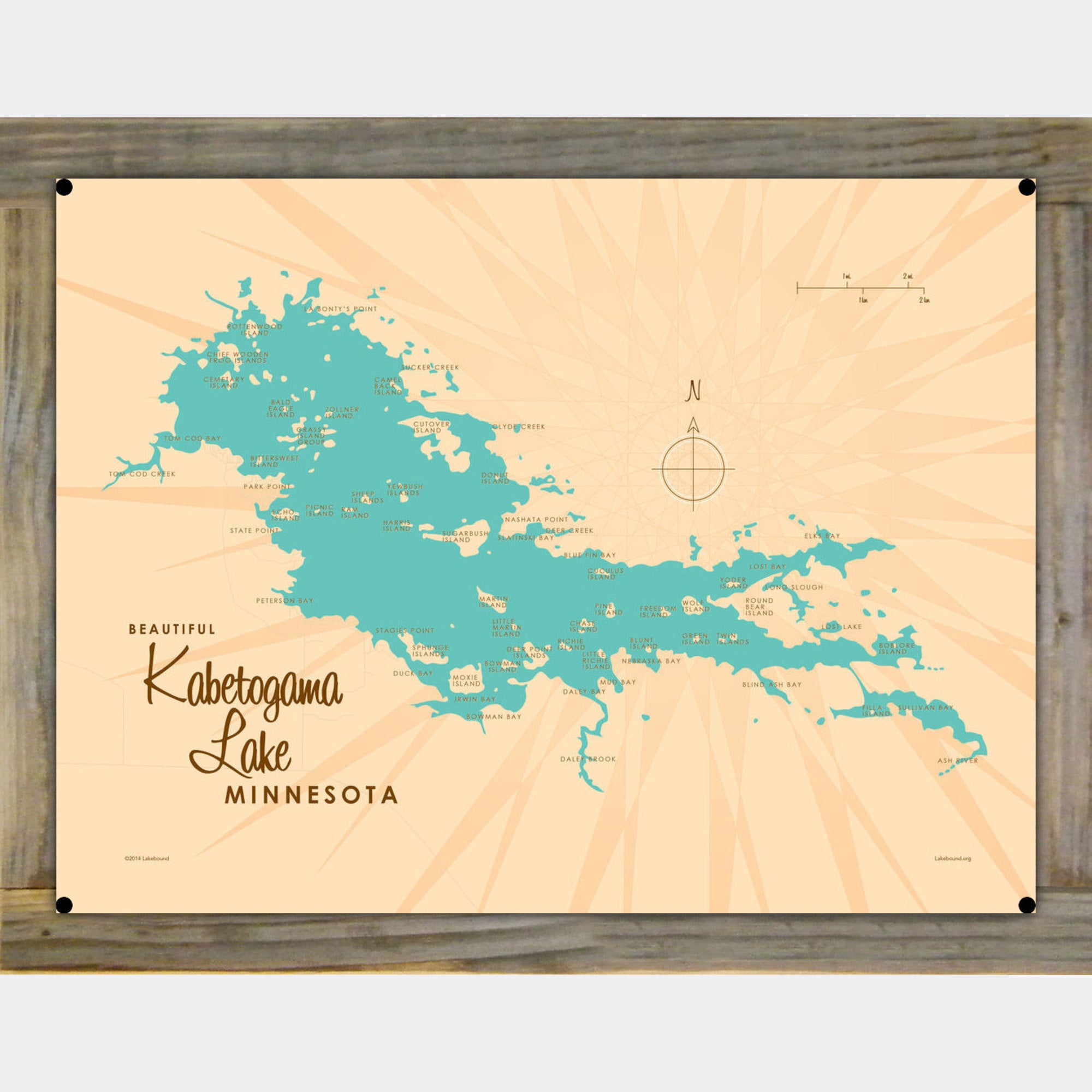 Kabetogama Lake Minnesota, Wood-Mounted Metal Sign Map Art