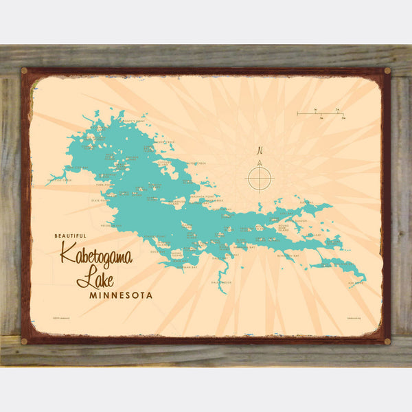 Kabetogama Lake Minnesota, Wood-Mounted Rustic Metal Sign Map Art