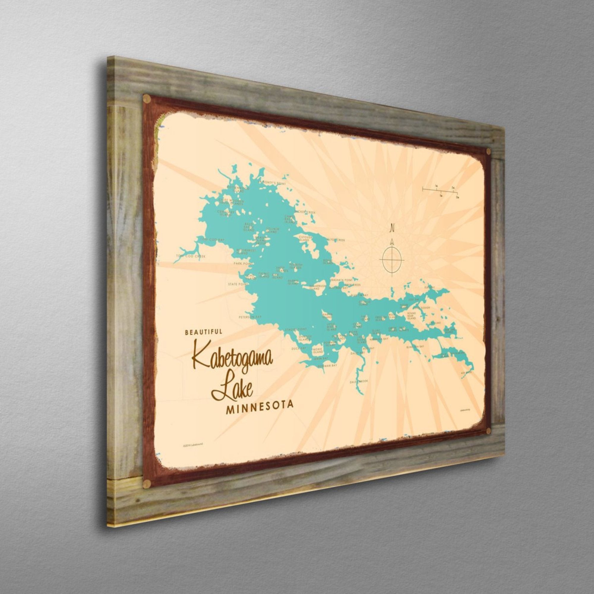 Kabetogama Lake Minnesota, Wood-Mounted Rustic Metal Sign Map Art
