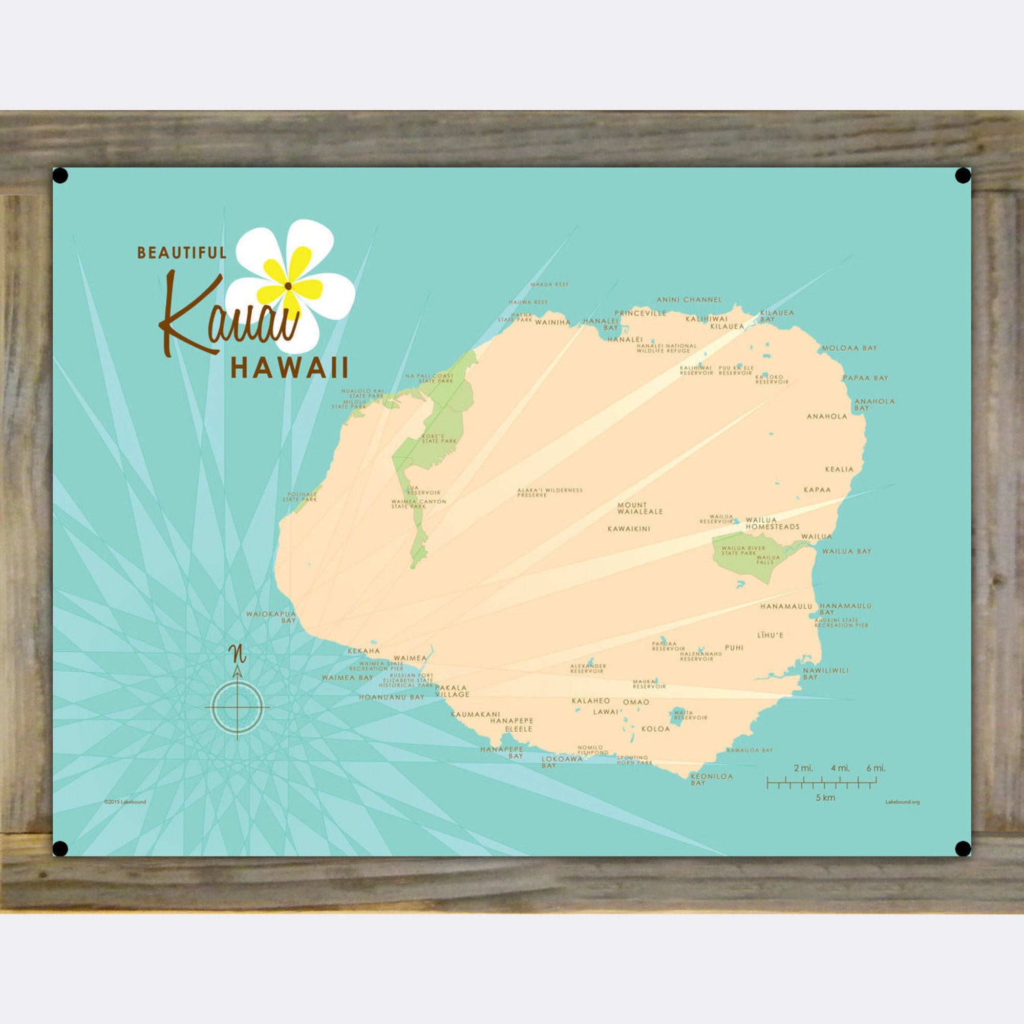 Kauai Hawaii, Wood-Mounted Metal Sign Map Art