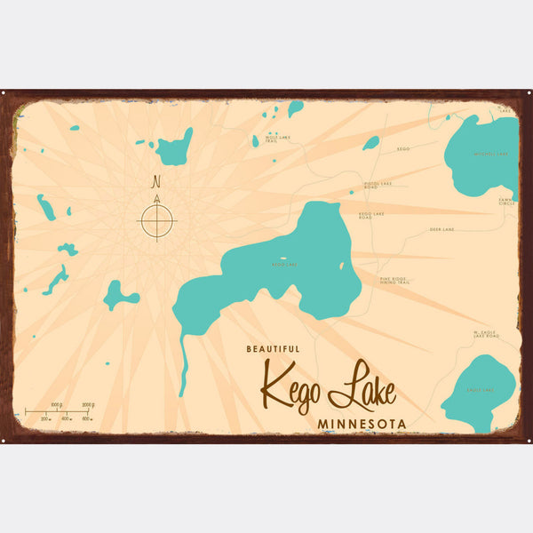 Kego Lake Minnesota, Rustic Metal Sign Map Art