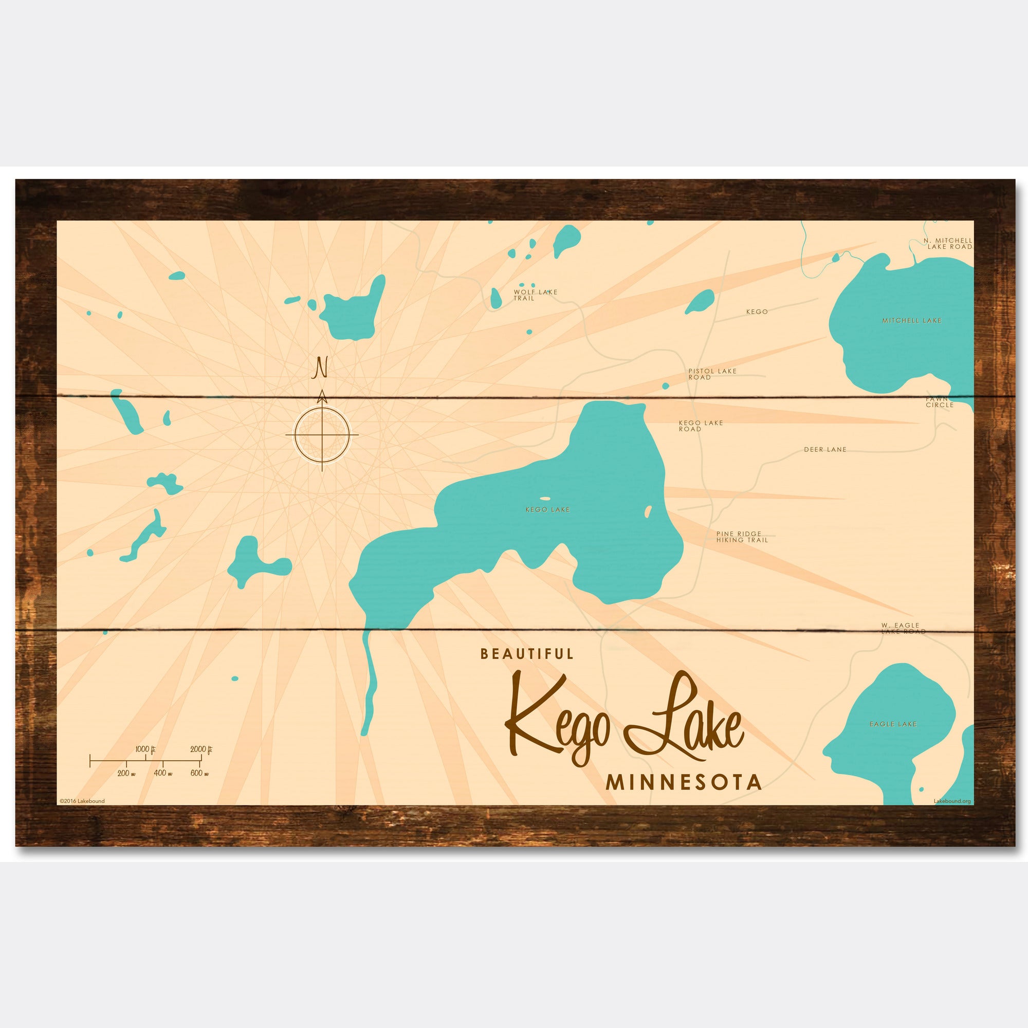 Kego Lake Minnesota, Rustic Wood Sign Map Art