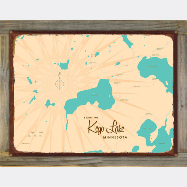 Kego Lake Minnesota, Wood-Mounted Rustic Metal Sign Map Art