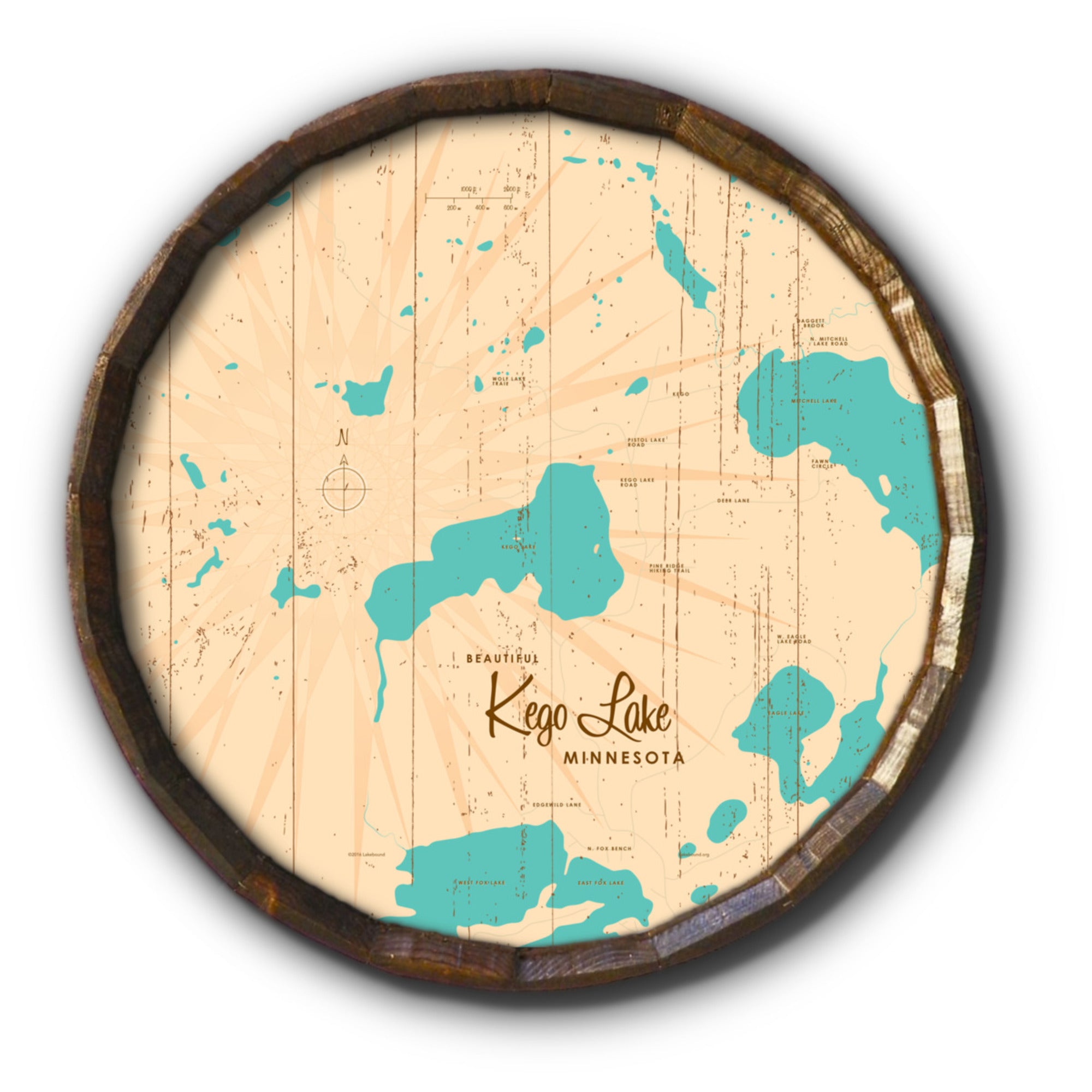 Kego Lake Minnesota, Rustic Barrel End Map Art
