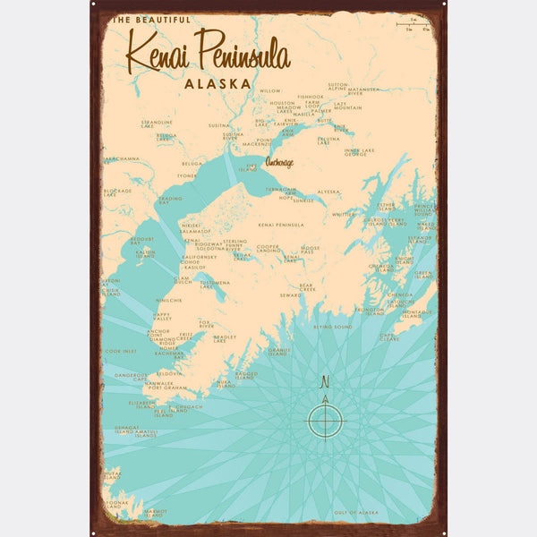 Kenai Peninsula Alaska, Rustic Metal Sign Map Art