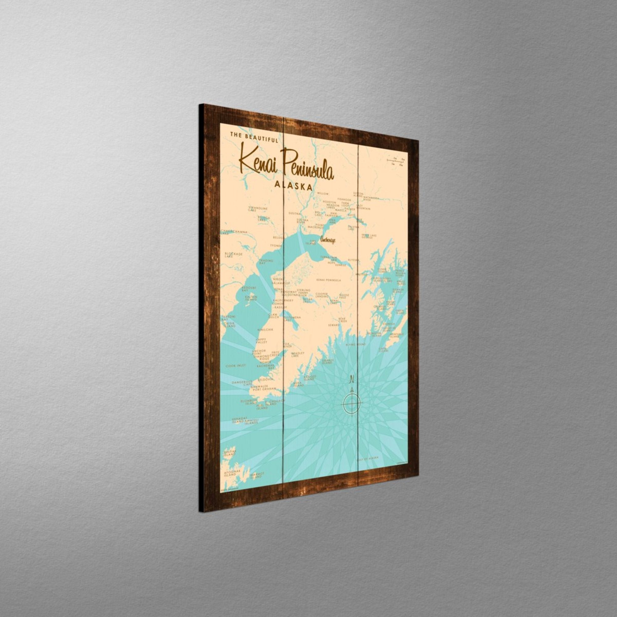 Kenai Peninsula Alaska, Rustic Wood Sign Map Art