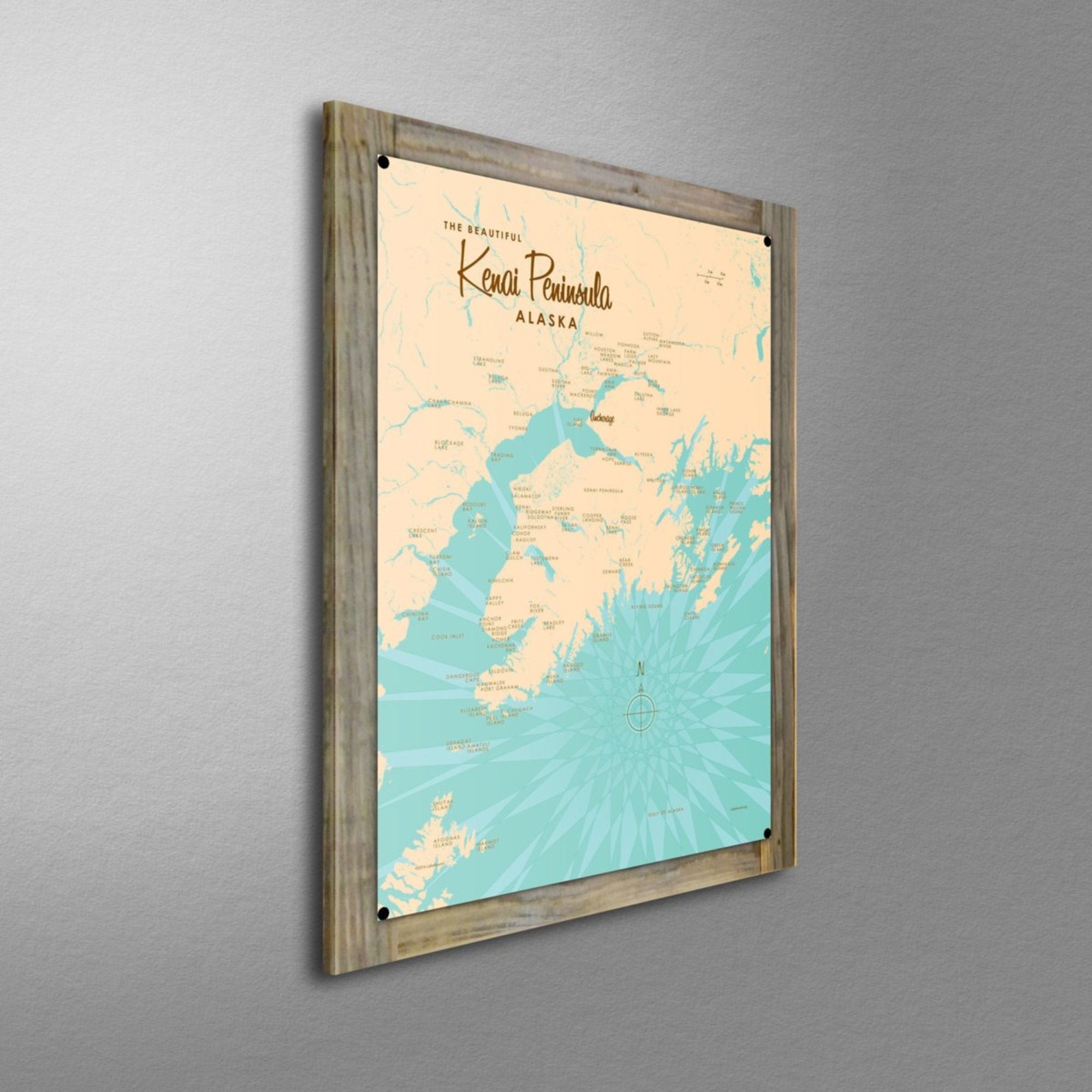 Kenai Peninsula Alaska, Wood-Mounted Metal Sign Map Art