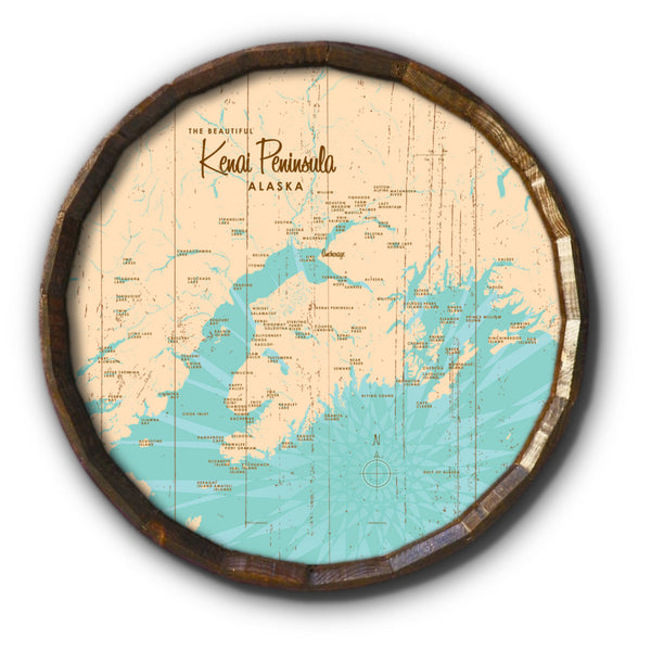 Kenai Peninsula Alaska, Rustic Barrel End Map Art