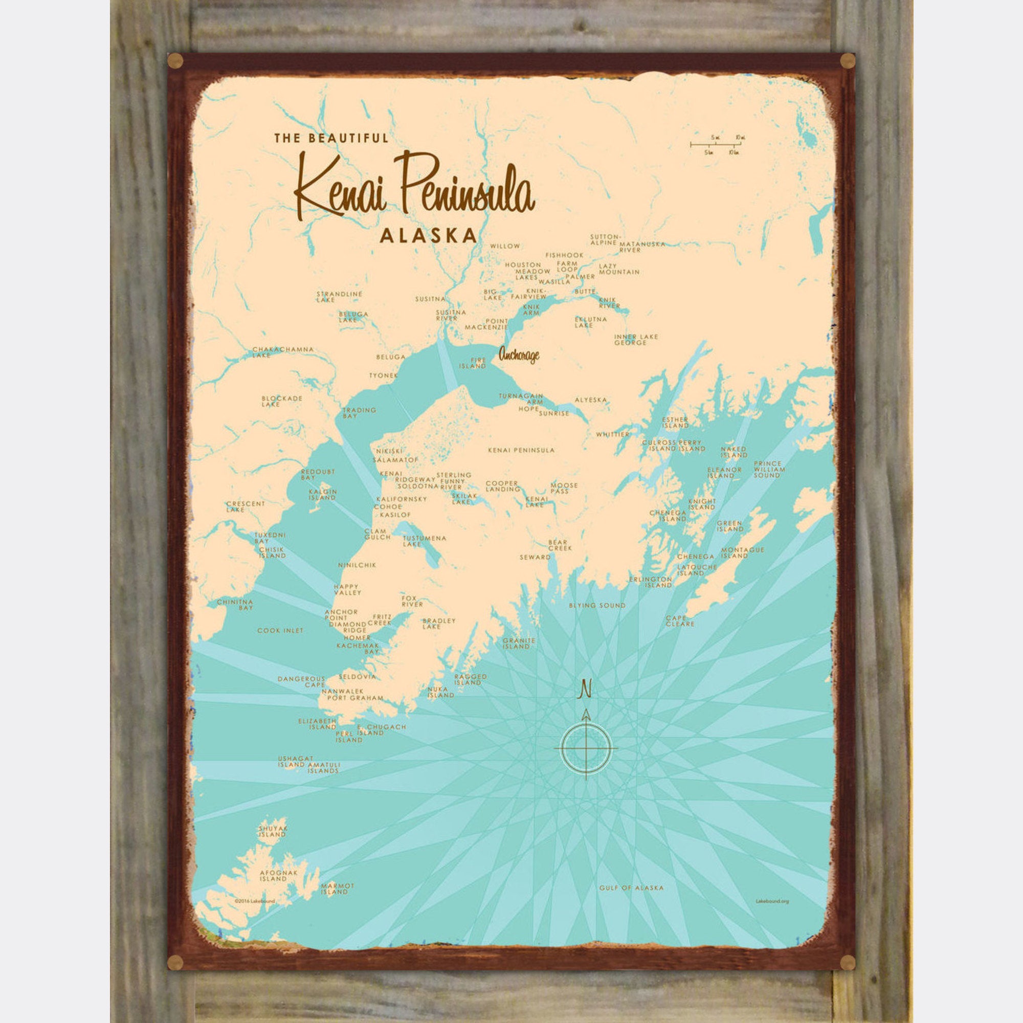 Kenai Peninsula Alaska, Wood-Mounted Rustic Metal Sign Map Art