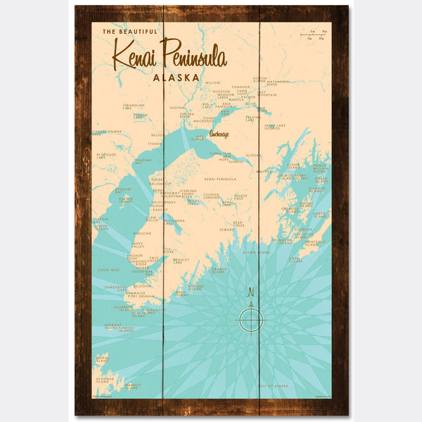 Kenai Peninsula Alaska, Rustic Wood Sign Map Art
