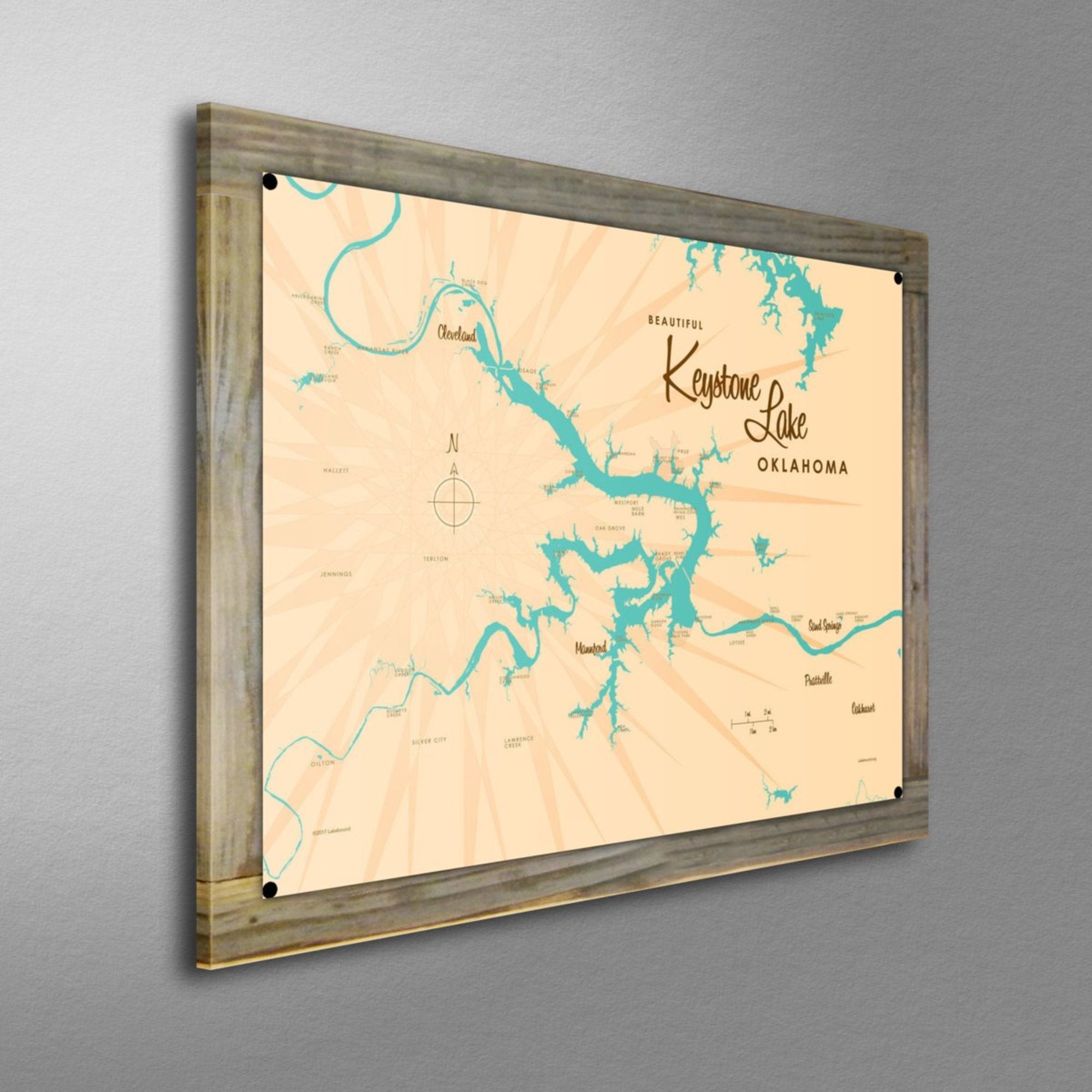 Keystone Lake Oklahoma, Wood-Mounted Metal Sign Map Art