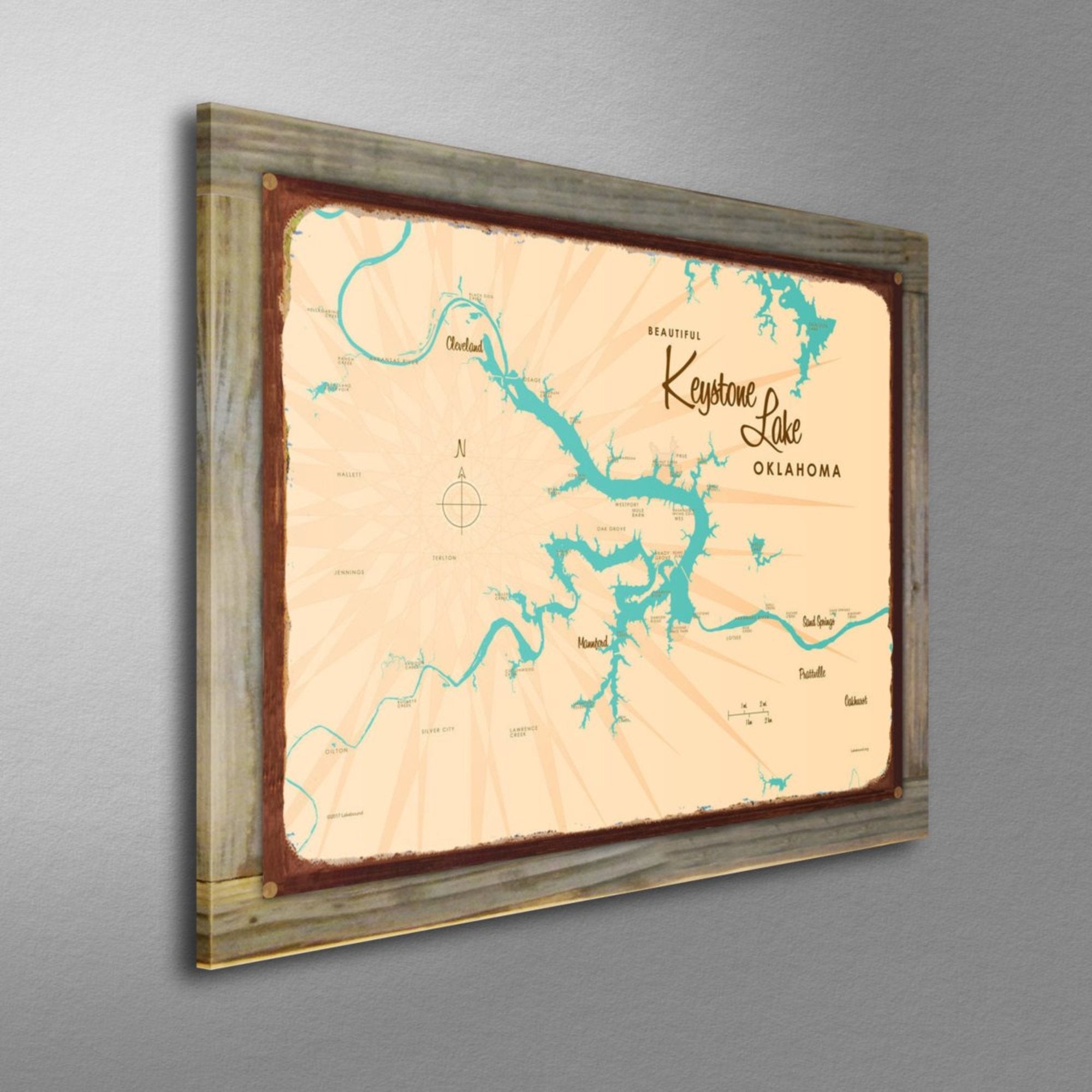 Keystone Lake Oklahoma, Wood-Mounted Rustic Metal Sign Map Art
