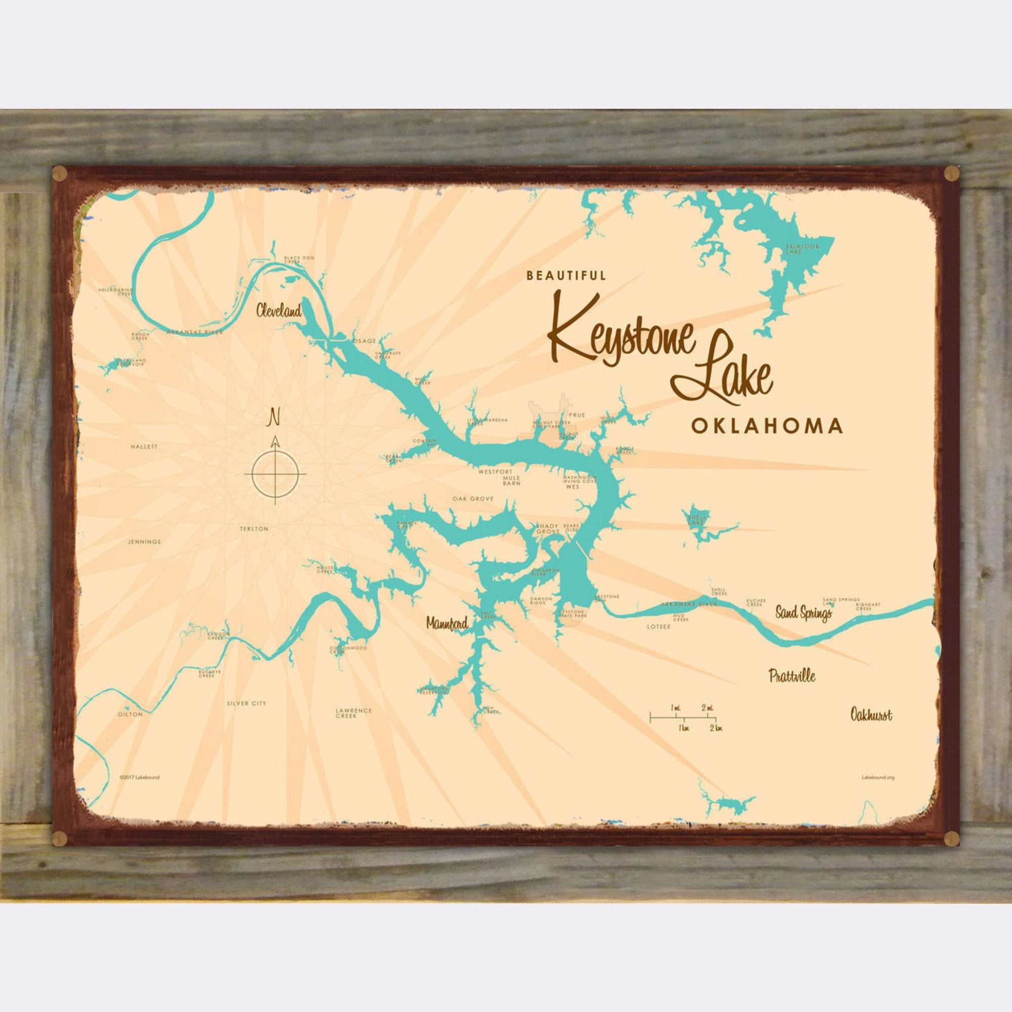 Keystone Lake Oklahoma, Wood-Mounted Rustic Metal Sign Map Art