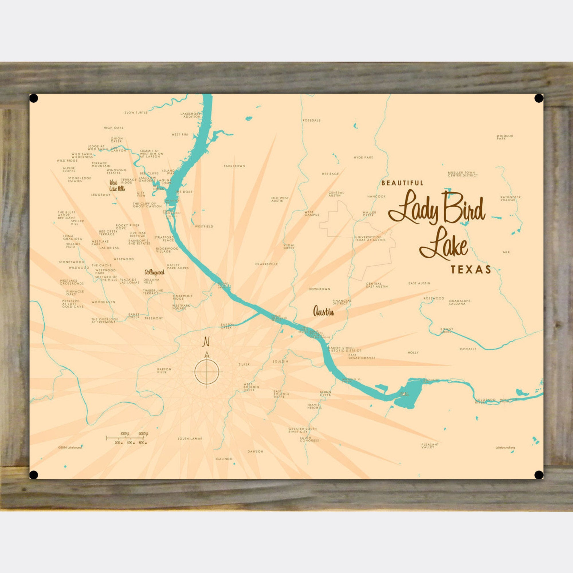 Lady Bird Lake Texas, Wood-Mounted Metal Sign Map Art