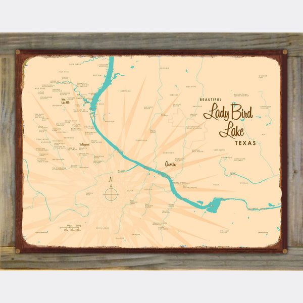 Lady Bird Lake Texas, Wood-Mounted Rustic Metal Sign Map Art