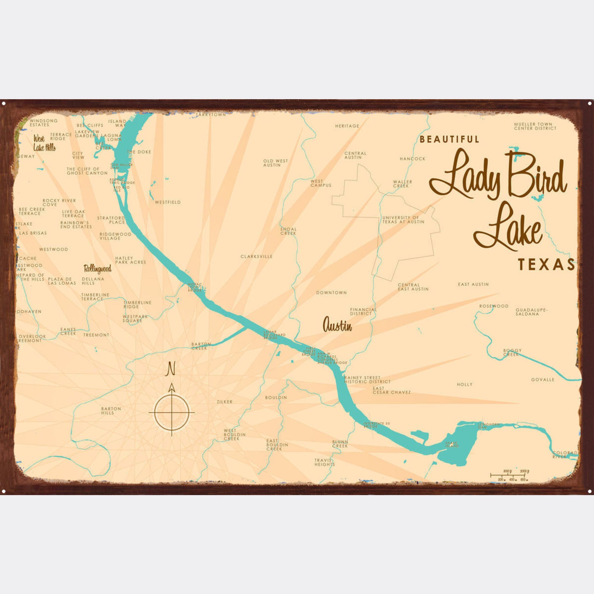 Lady Bird Lake Texas, Rustic Metal Sign Map Art