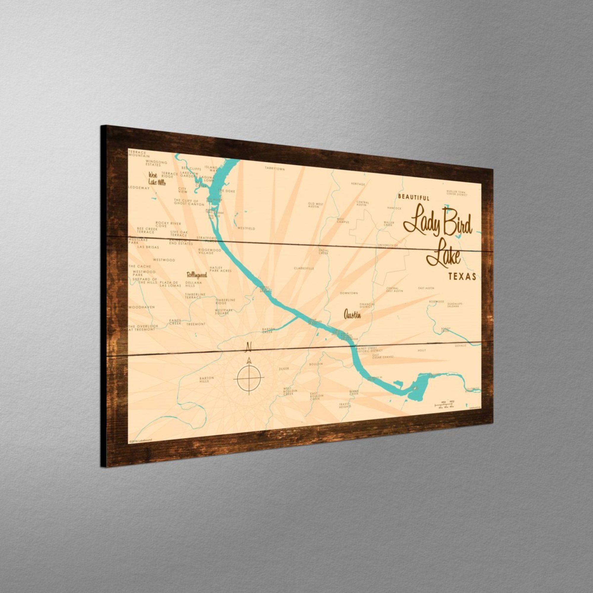 Lady Bird Lake Texas, Rustic Wood Sign Map Art