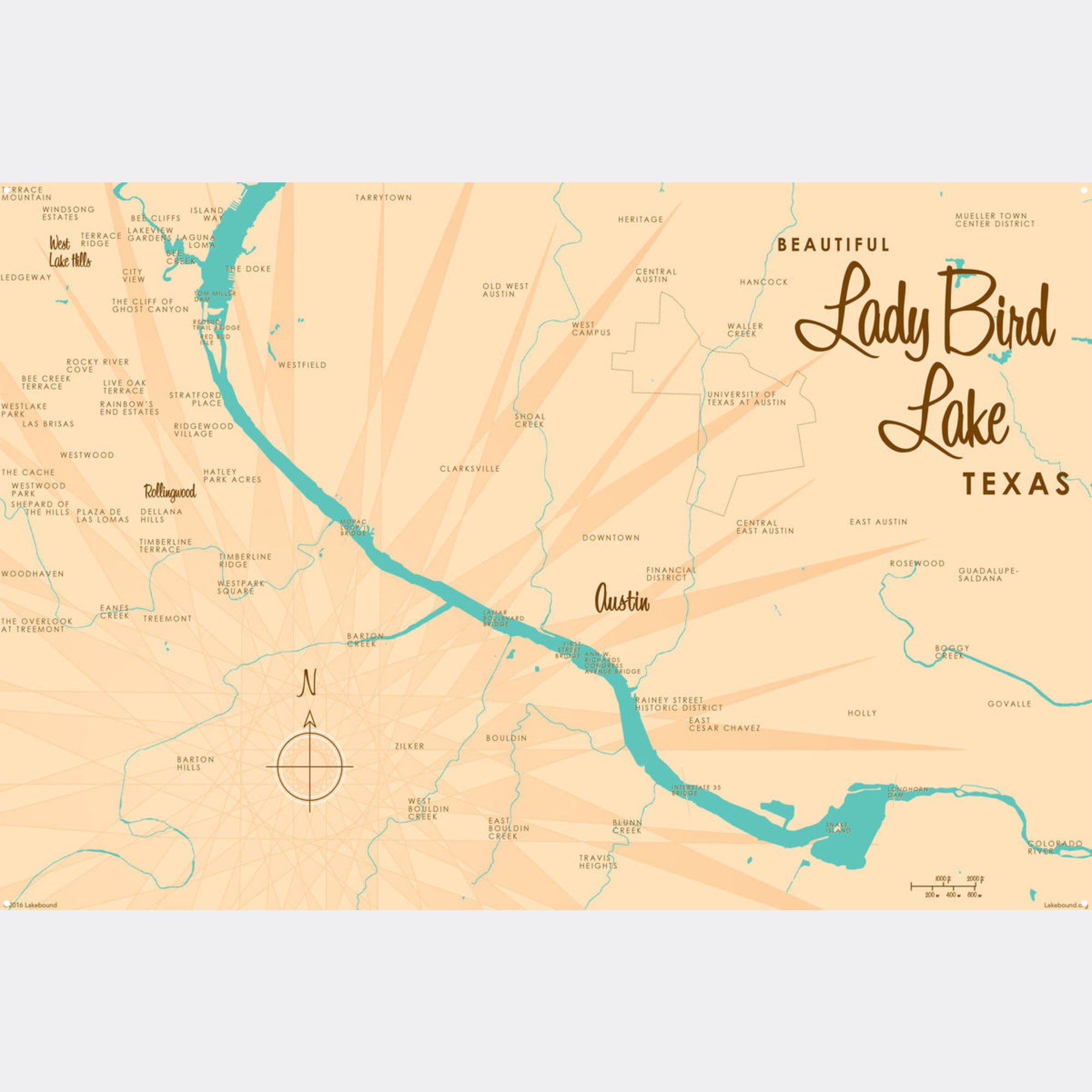 Lady Bird Lake Texas, Metal Sign Map Art