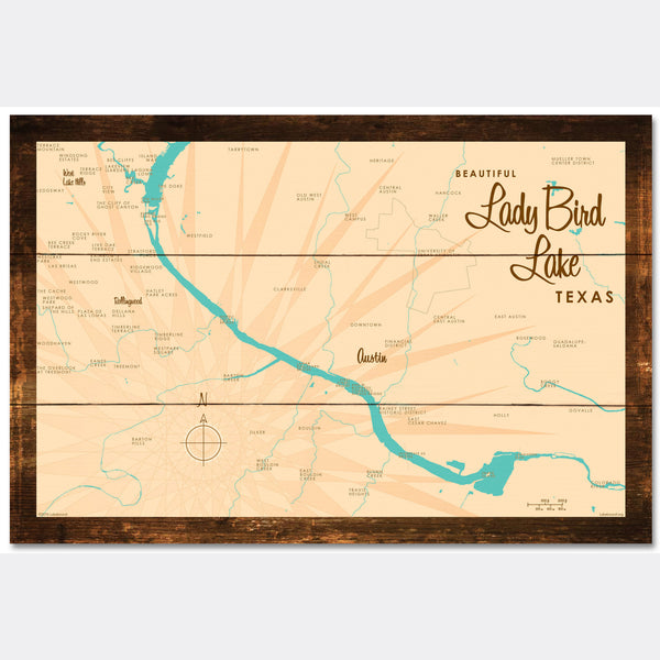 Lady Bird Lake Texas, Rustic Wood Sign Map Art