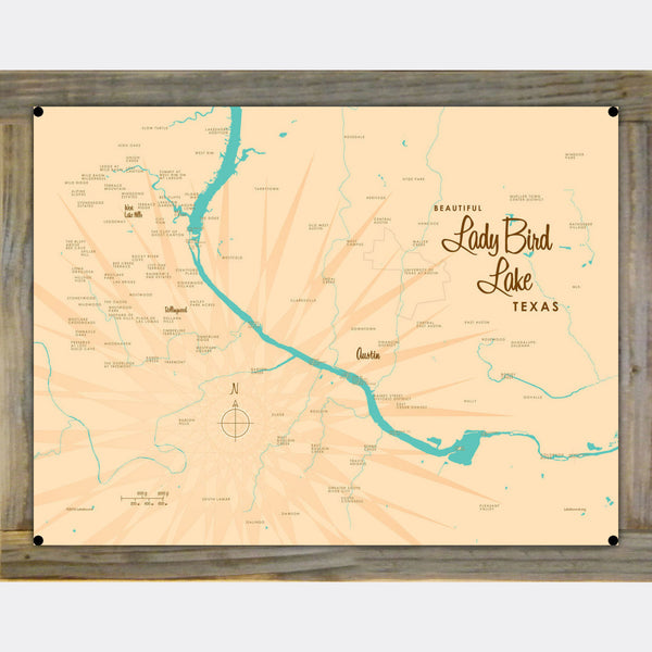 Lady Bird Lake Texas, Wood-Mounted Metal Sign Map Art
