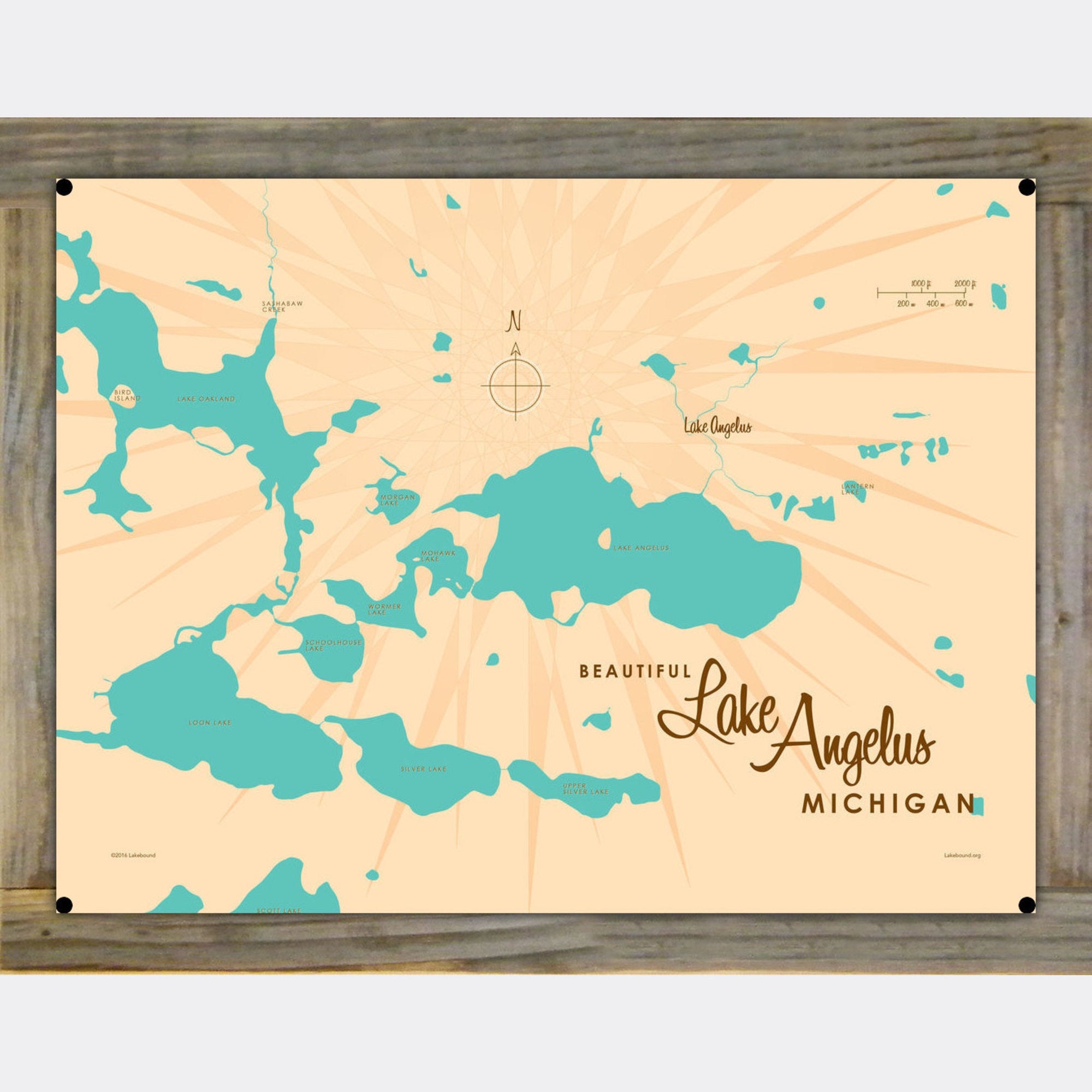 Lake Angelus Michigan, Wood-Mounted Metal Sign Map Art