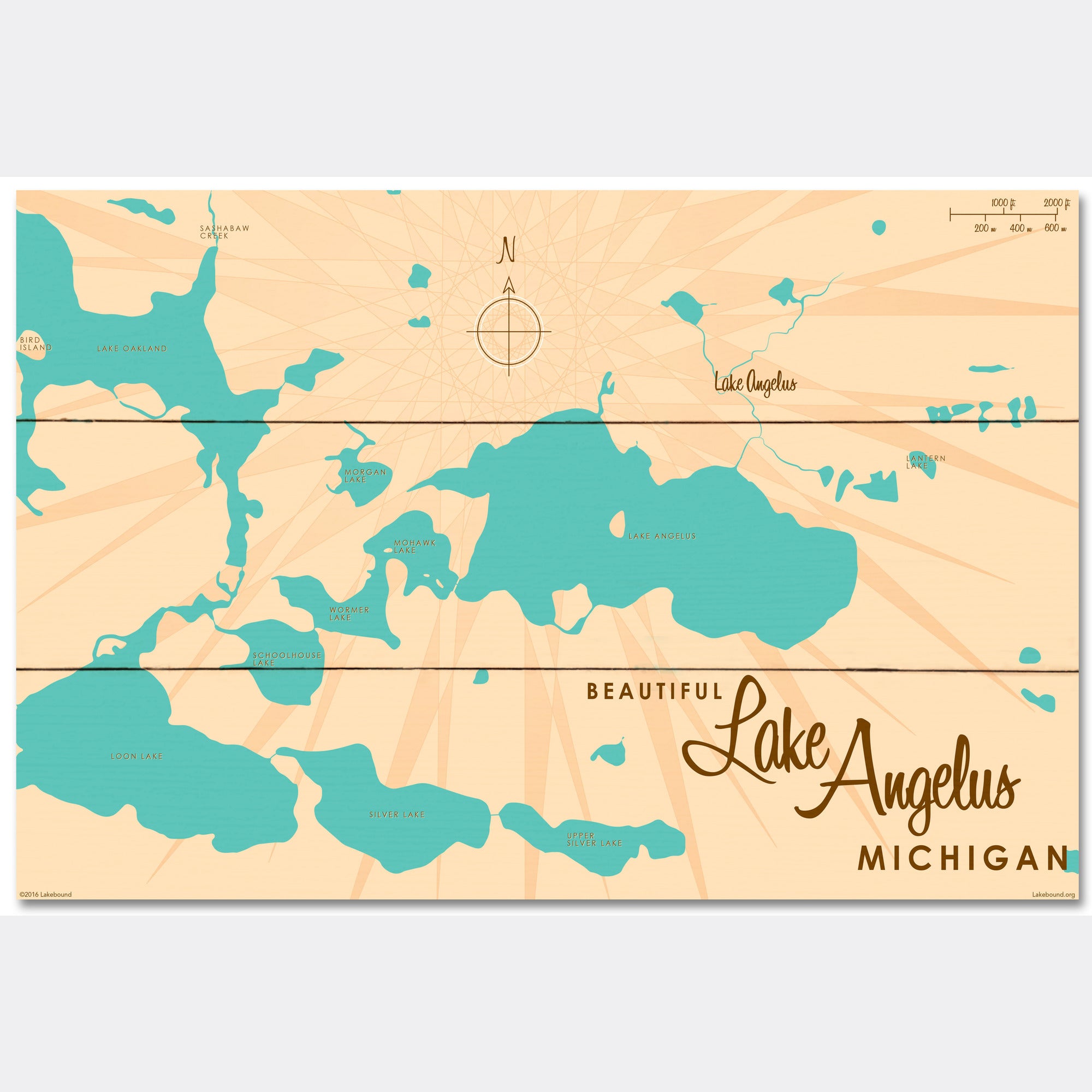 Lake Angelus Michigan, Wood Sign Map Art