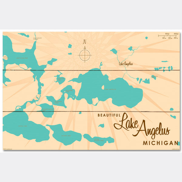 Lake Angelus Michigan, Wood Sign Map Art