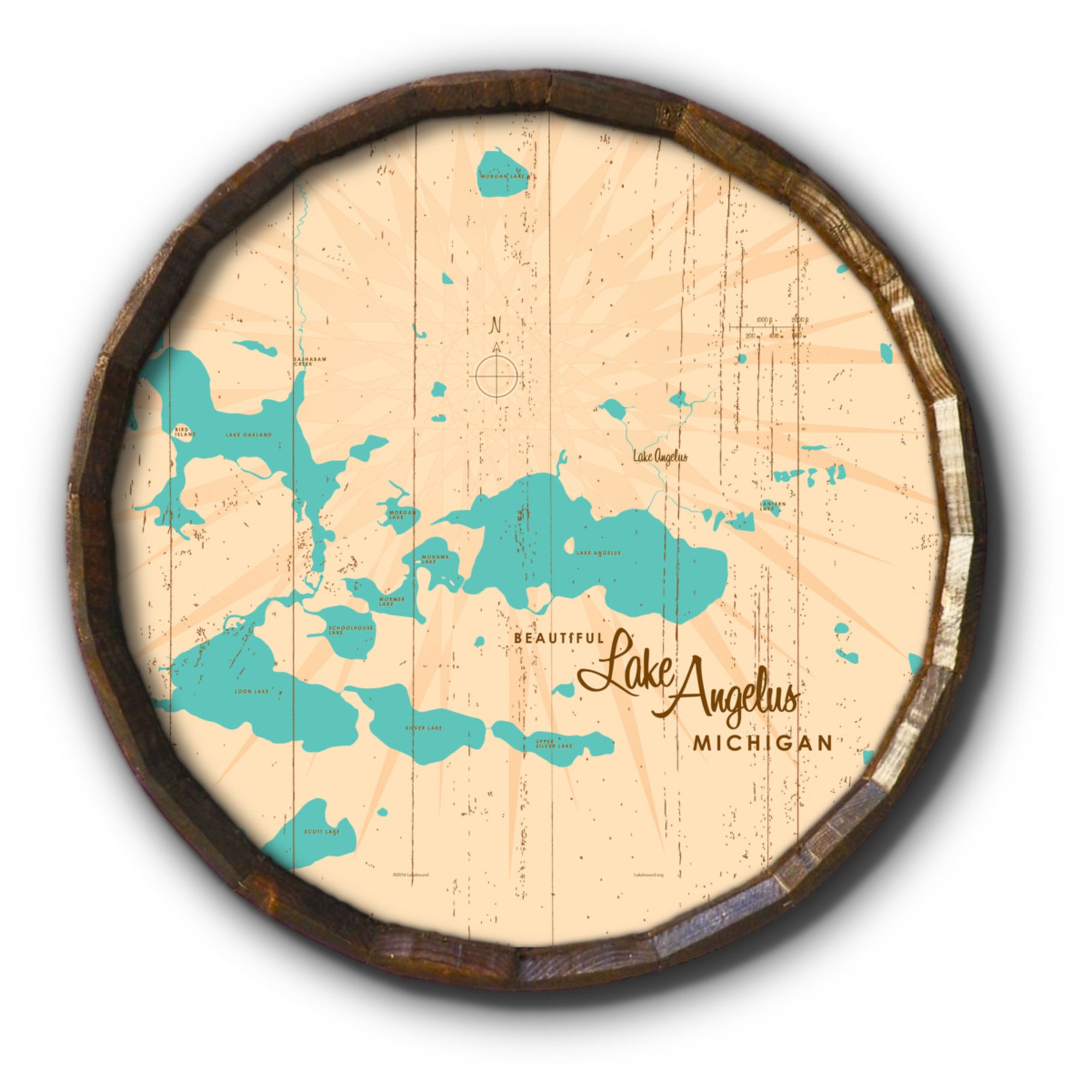Lake Angelus Michigan, Rustic Barrel End Map Art