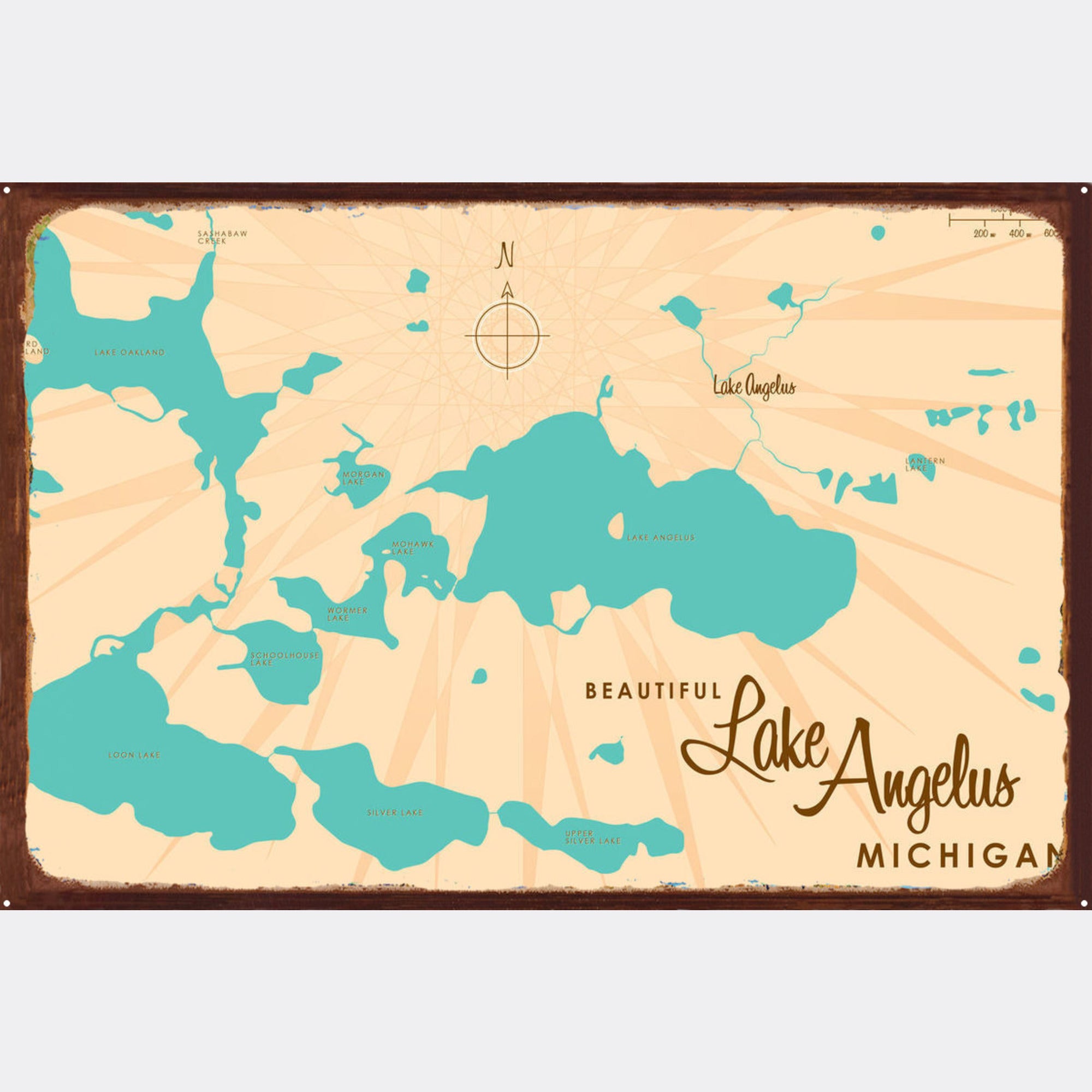 Lake Angelus Michigan, Rustic Metal Sign Map Art