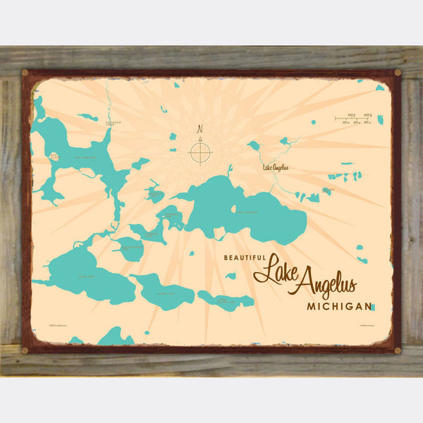 Lake Angelus Michigan, Wood-Mounted Rustic Metal Sign Map Art