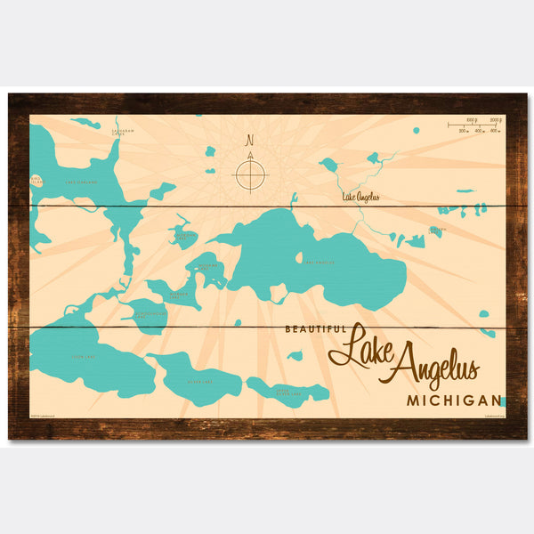 Lake Angelus Michigan, Rustic Wood Sign Map Art