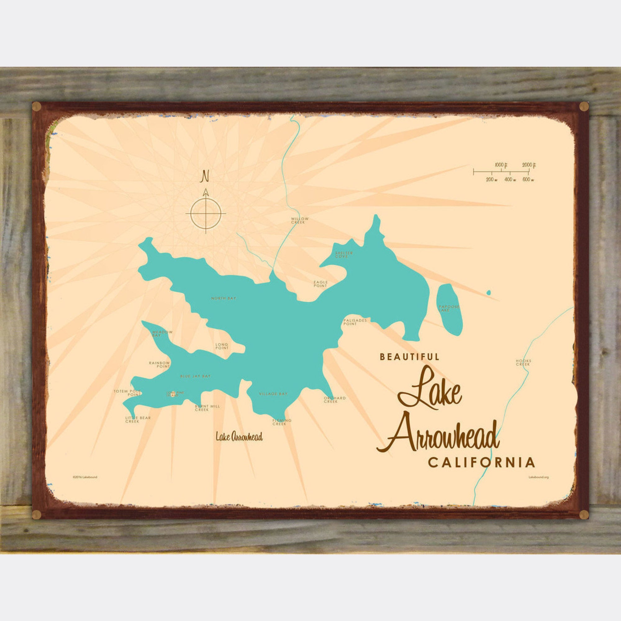 Lake Arrowhead California, Wood-Mounted Rustic Metal Sign Map Art