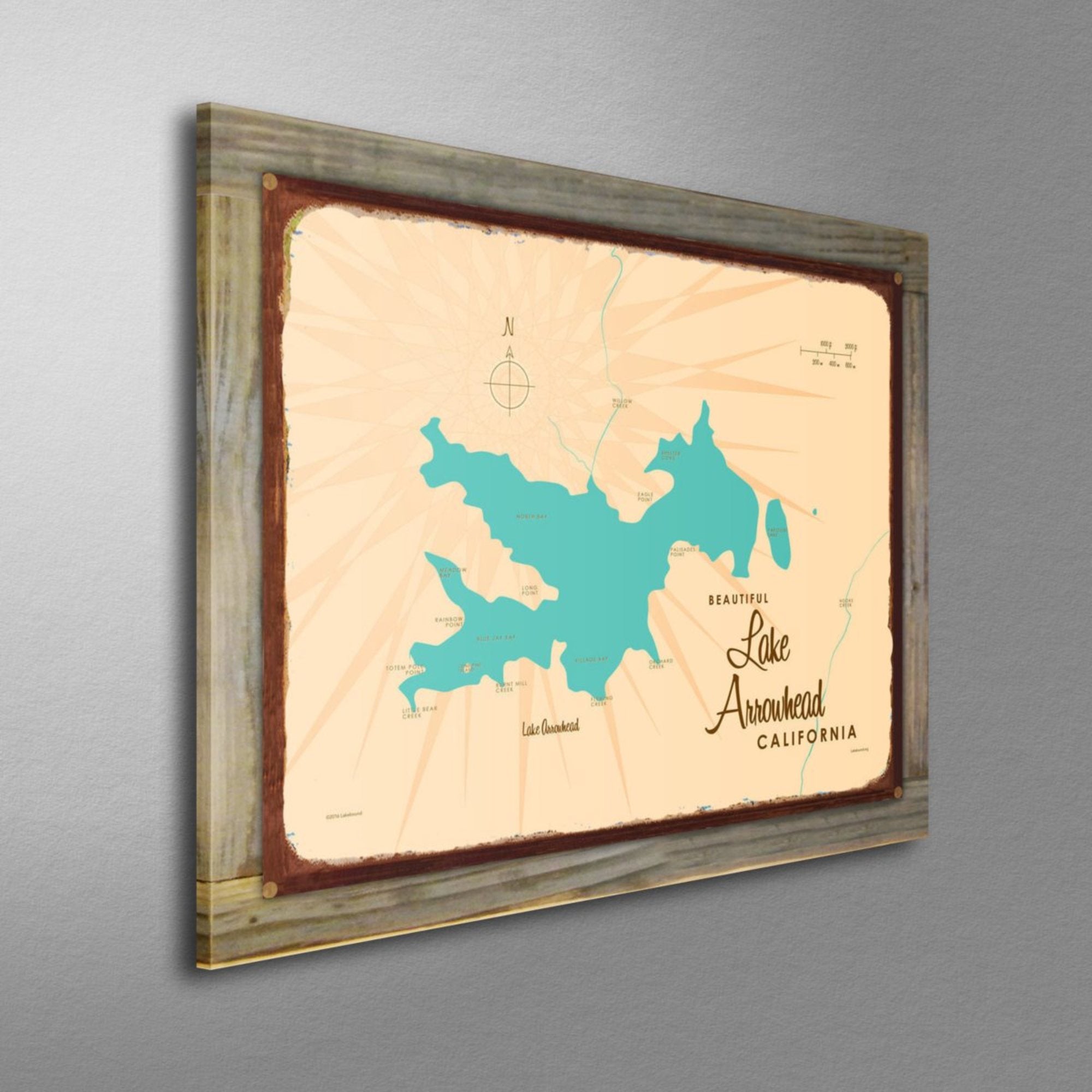 Lake Arrowhead California, Wood-Mounted Rustic Metal Sign Map Art