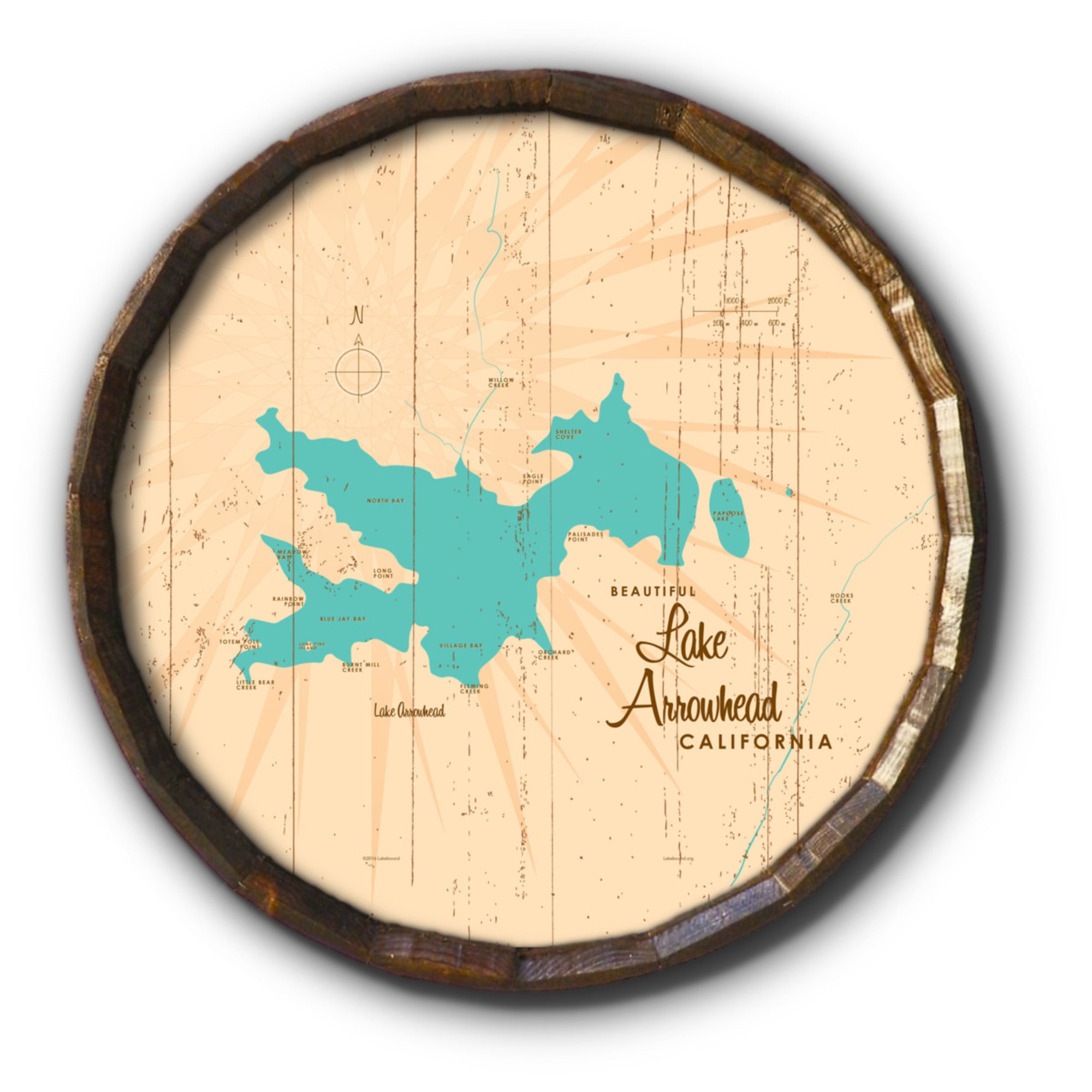 Lake Arrowhead California, Rustic Barrel End Map Art