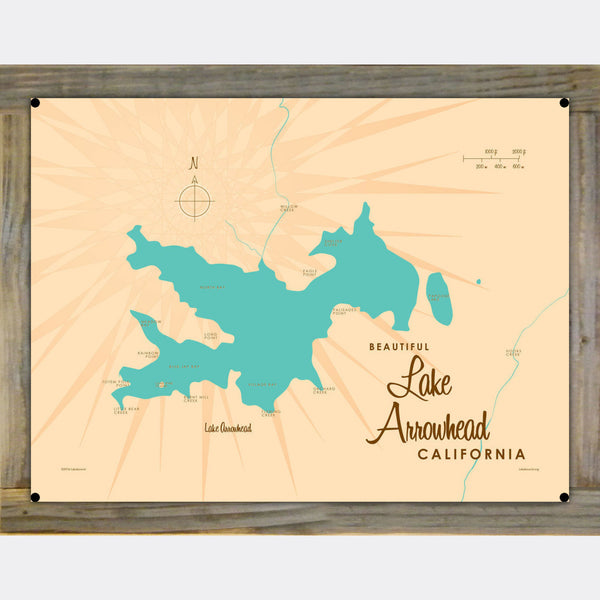 Lake Arrowhead California, Wood-Mounted Metal Sign Map Art