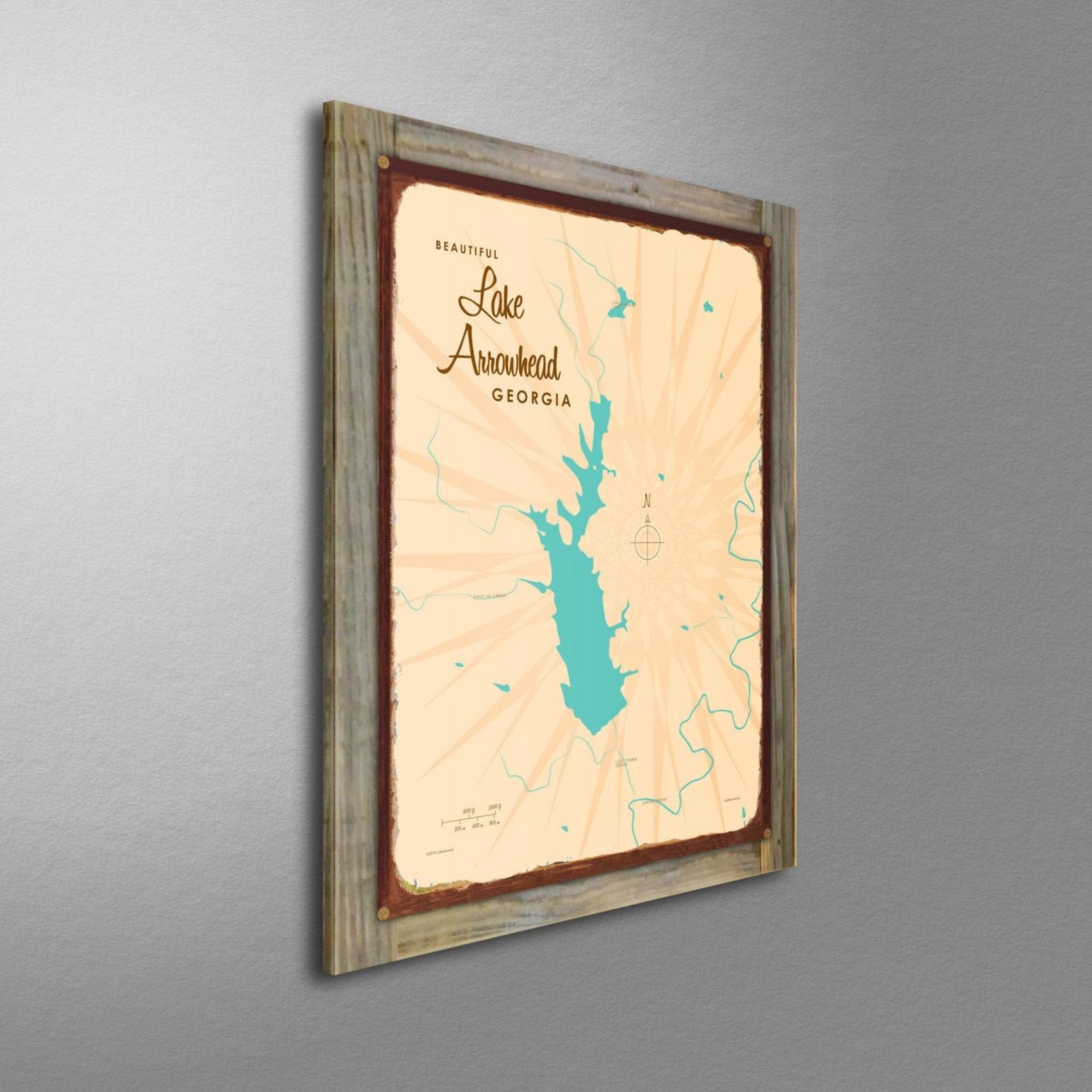 Lake Arrowhead Georgia, Wood-Mounted Rustic Metal Sign Map Art