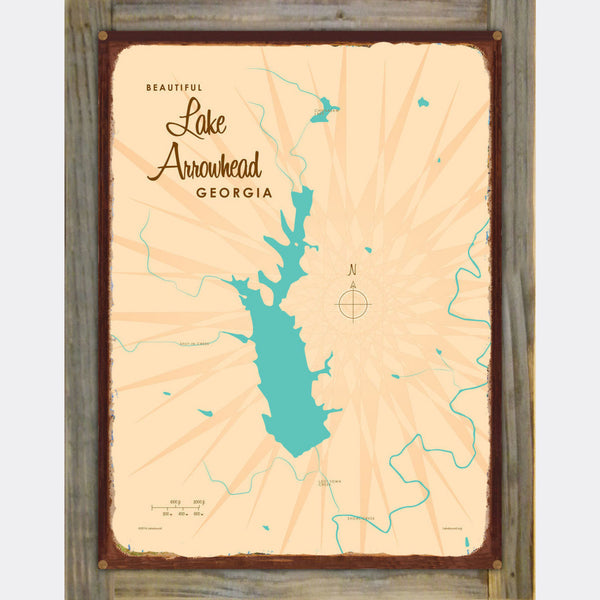 Lake Arrowhead Georgia, Wood-Mounted Rustic Metal Sign Map Art