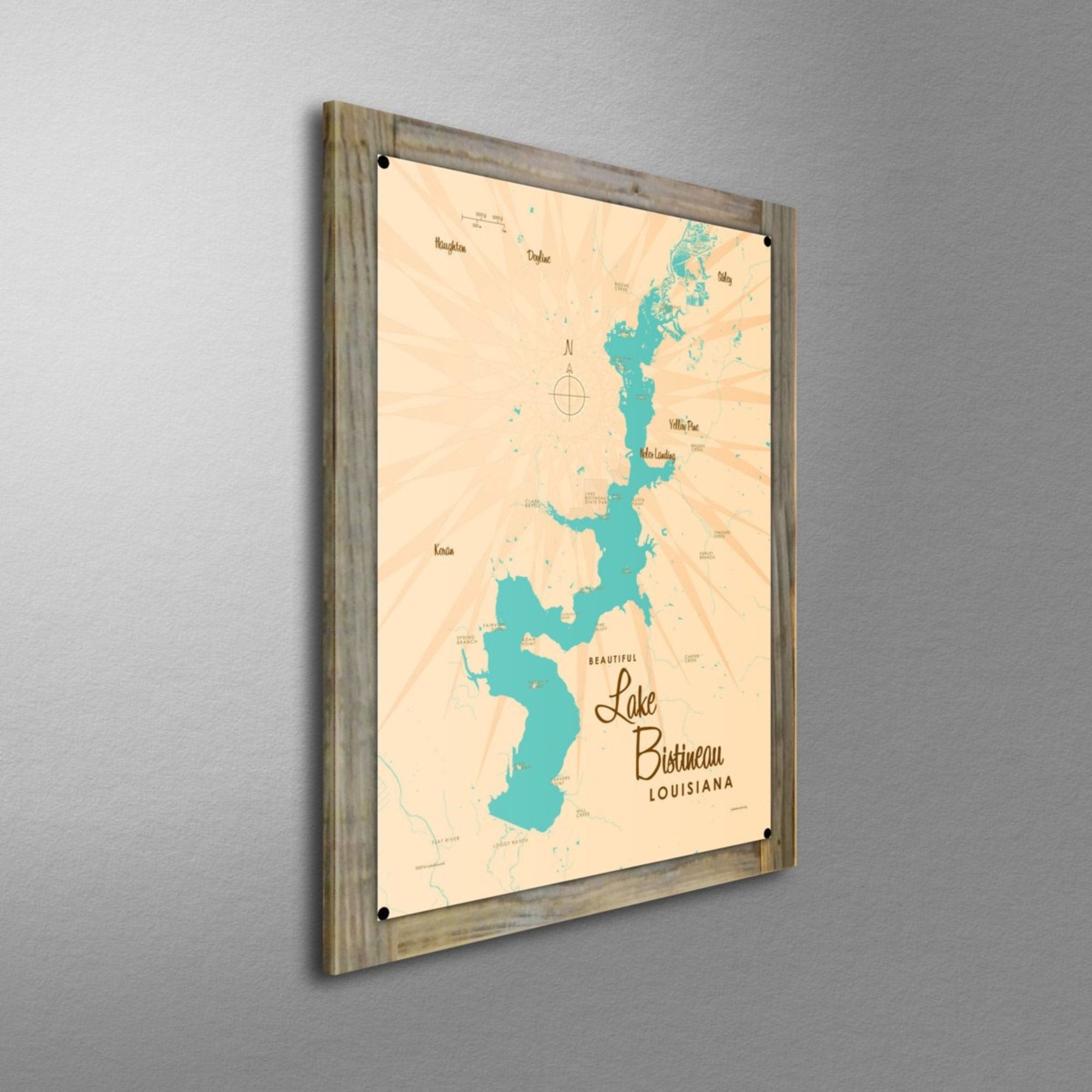 Lake Bistineau Louisiana, Wood-Mounted Metal Sign Map Art