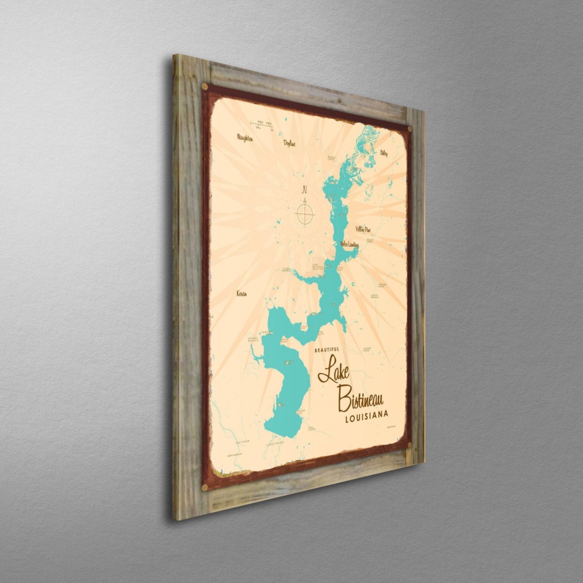 Lake Bistineau Louisiana, Wood-Mounted Rustic Metal Sign Map Art