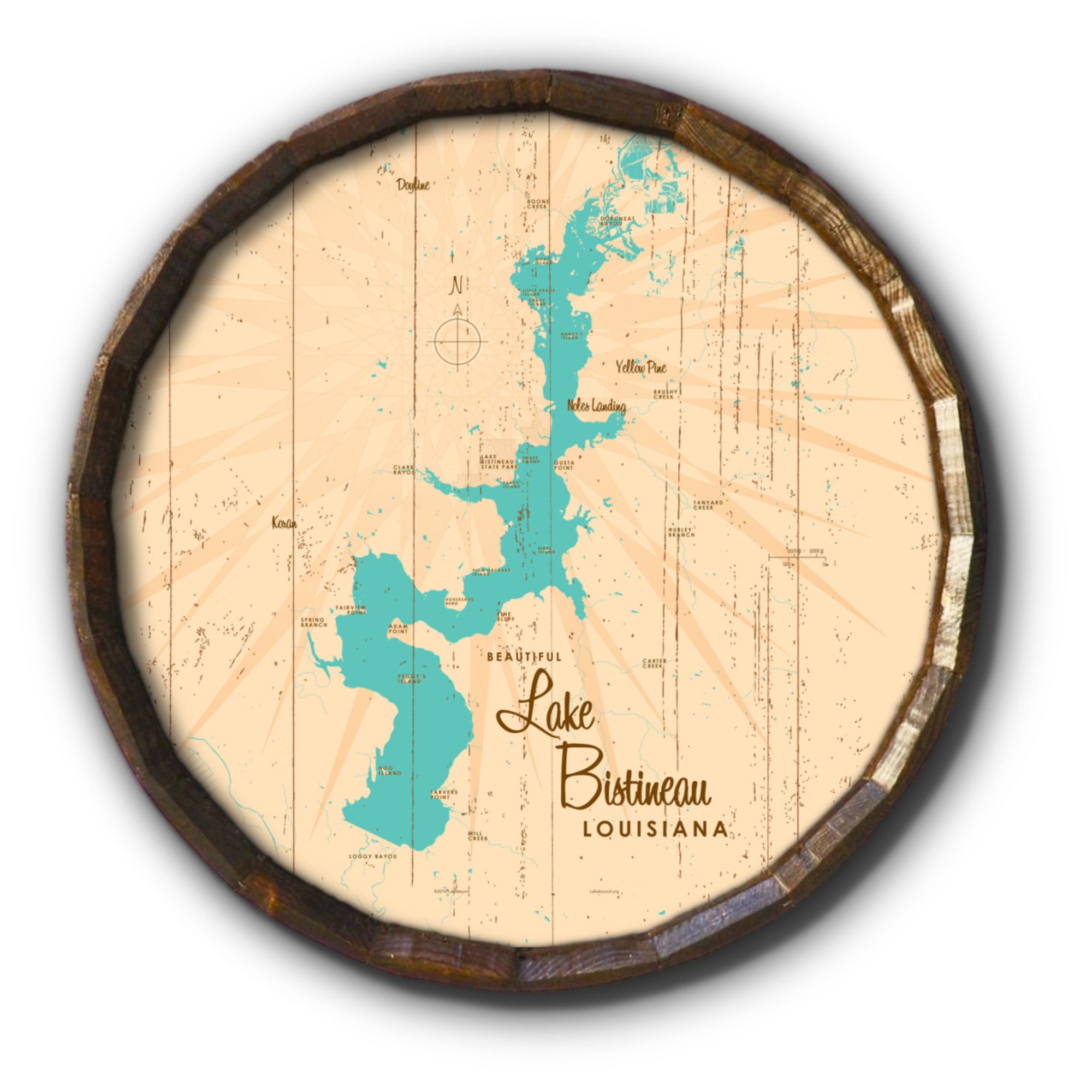 Lake Bistineau Louisiana, Rustic Barrel End Map Art