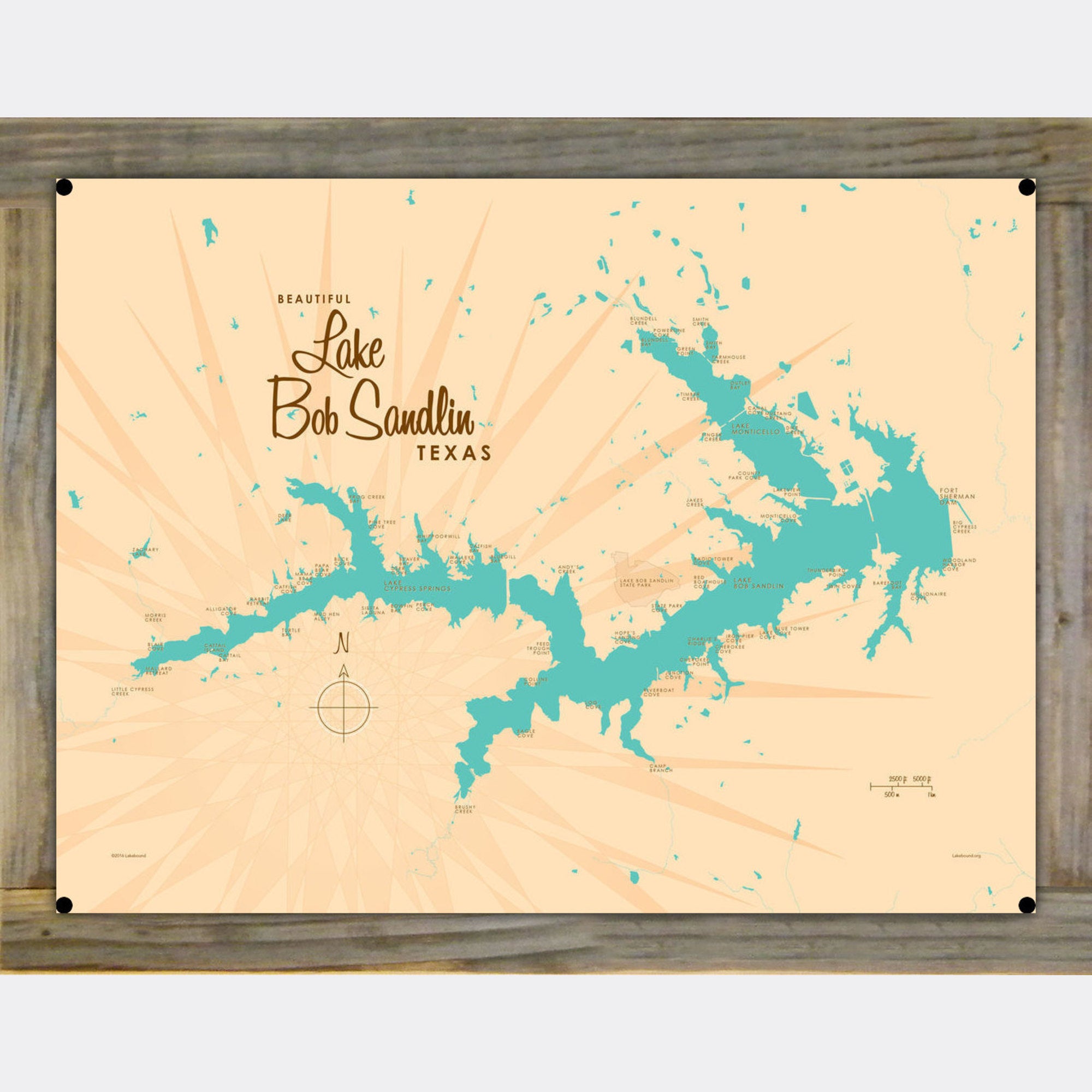 Lake Bob Sandlin Texas, Wood-Mounted Metal Sign Map Art