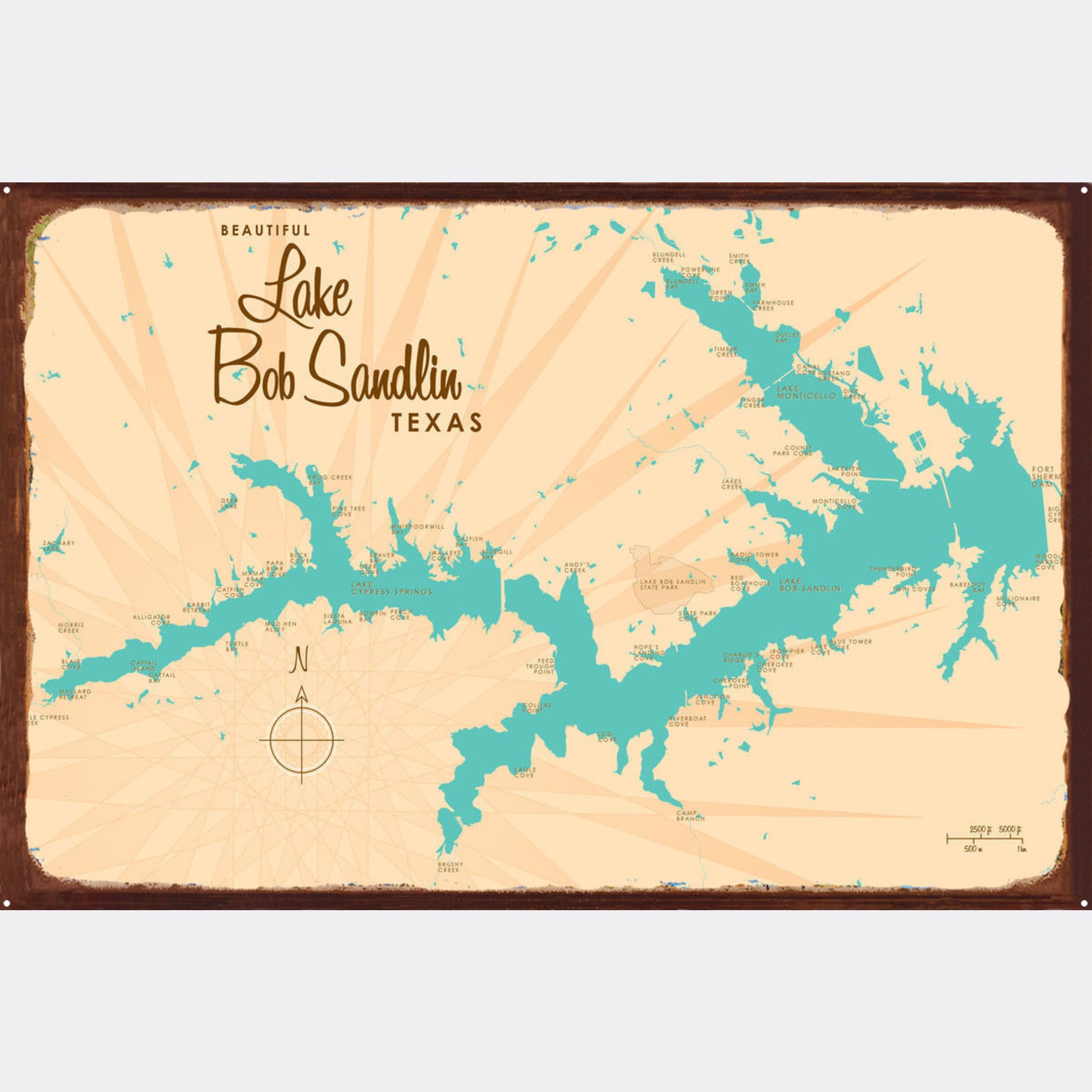 Lake Bob Sandlin Texas, Rustic Metal Sign Map Art