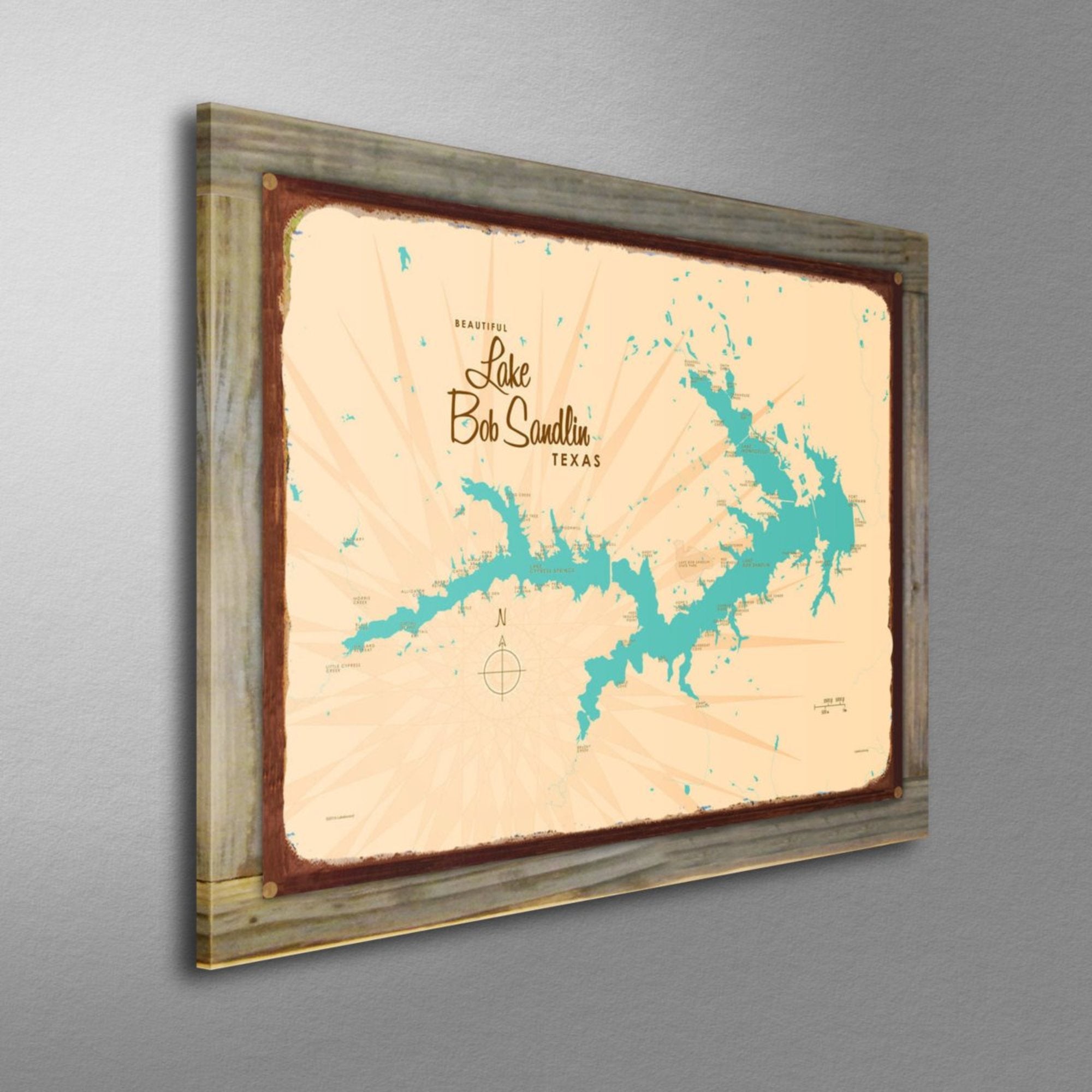 Lake Bob Sandlin Texas, Wood-Mounted Rustic Metal Sign Map Art