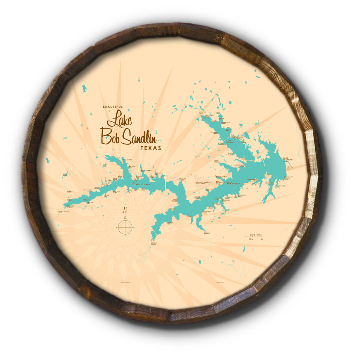 Lake Bob Sandlin Texas, Barrel End Map Art – Lakebound®